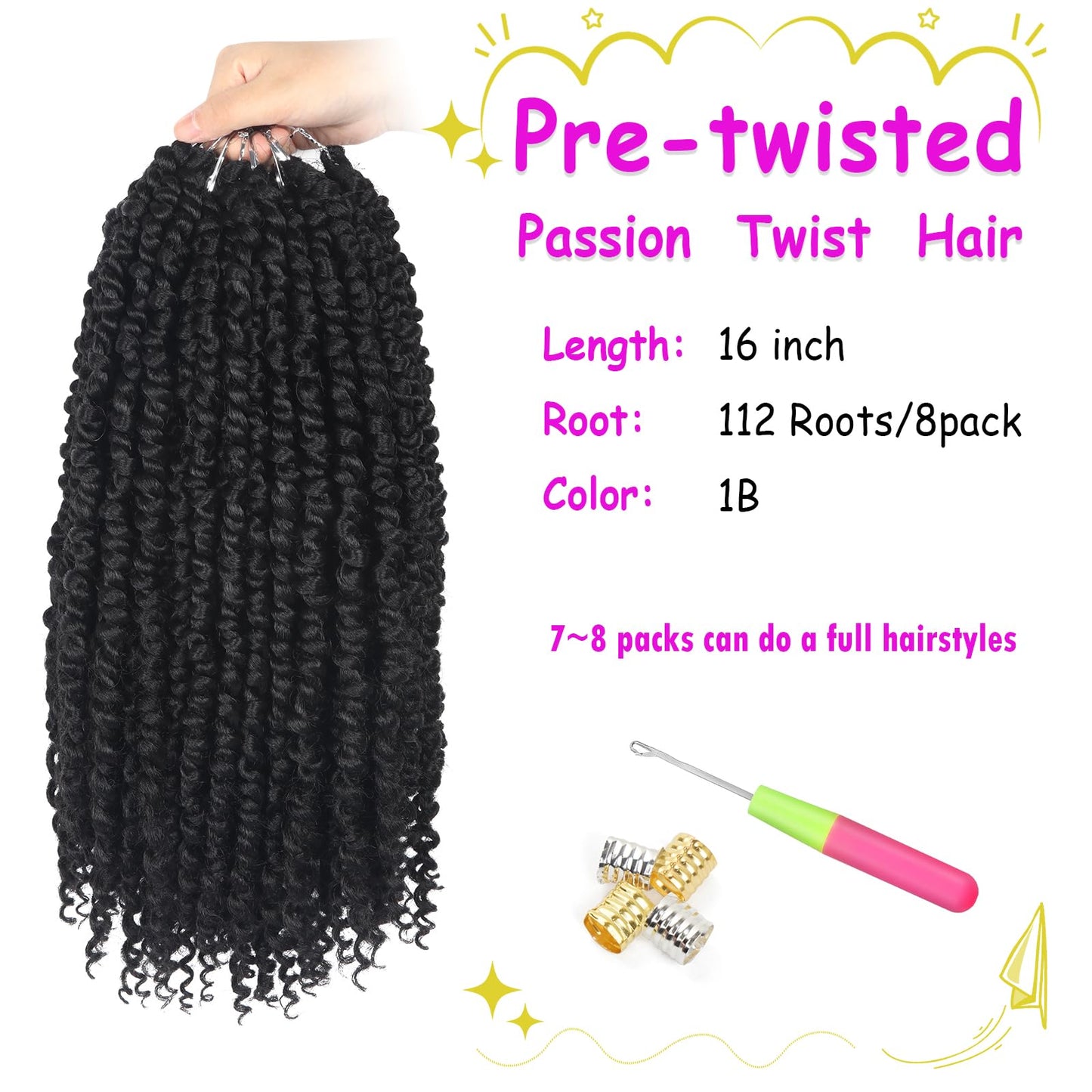 Bileaf Passion Twist Crochet Hair Pre-twisted 16 Inch 8 Packs Crochet Passion Twist Hair, Soft Pre Looped Passion Twist Crochet Braids Bohemian Crochet Hair for Women Girls and Kids 1B