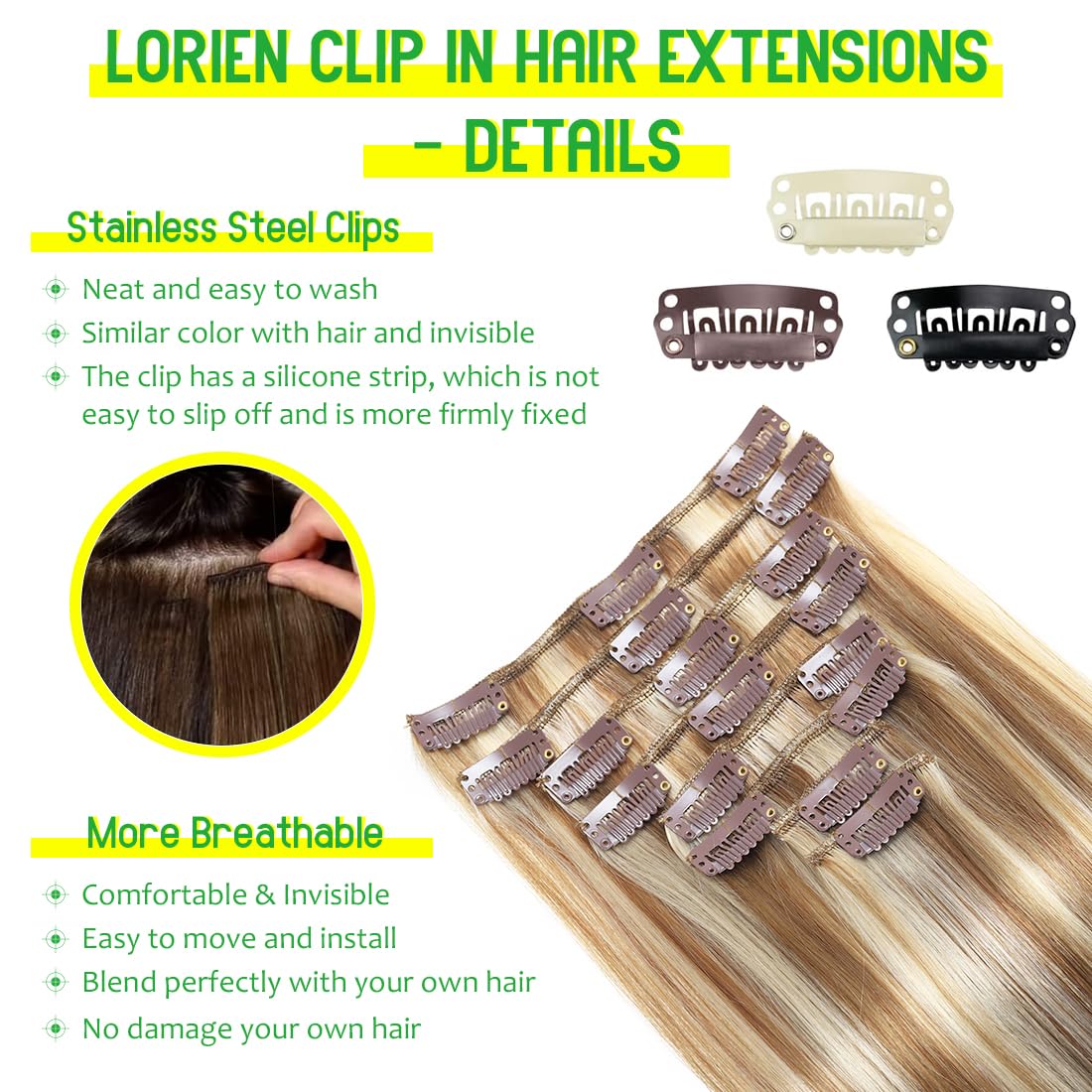 LORIEN Clip in Hair Extensions Real Human Hair, Remy Human Hair Extensions Clip ins for Women, 100% Natural Human Hair, Double Weftm, 22inch 110g 8Pcs, #16/22 Light Blonde to Golden Blonde