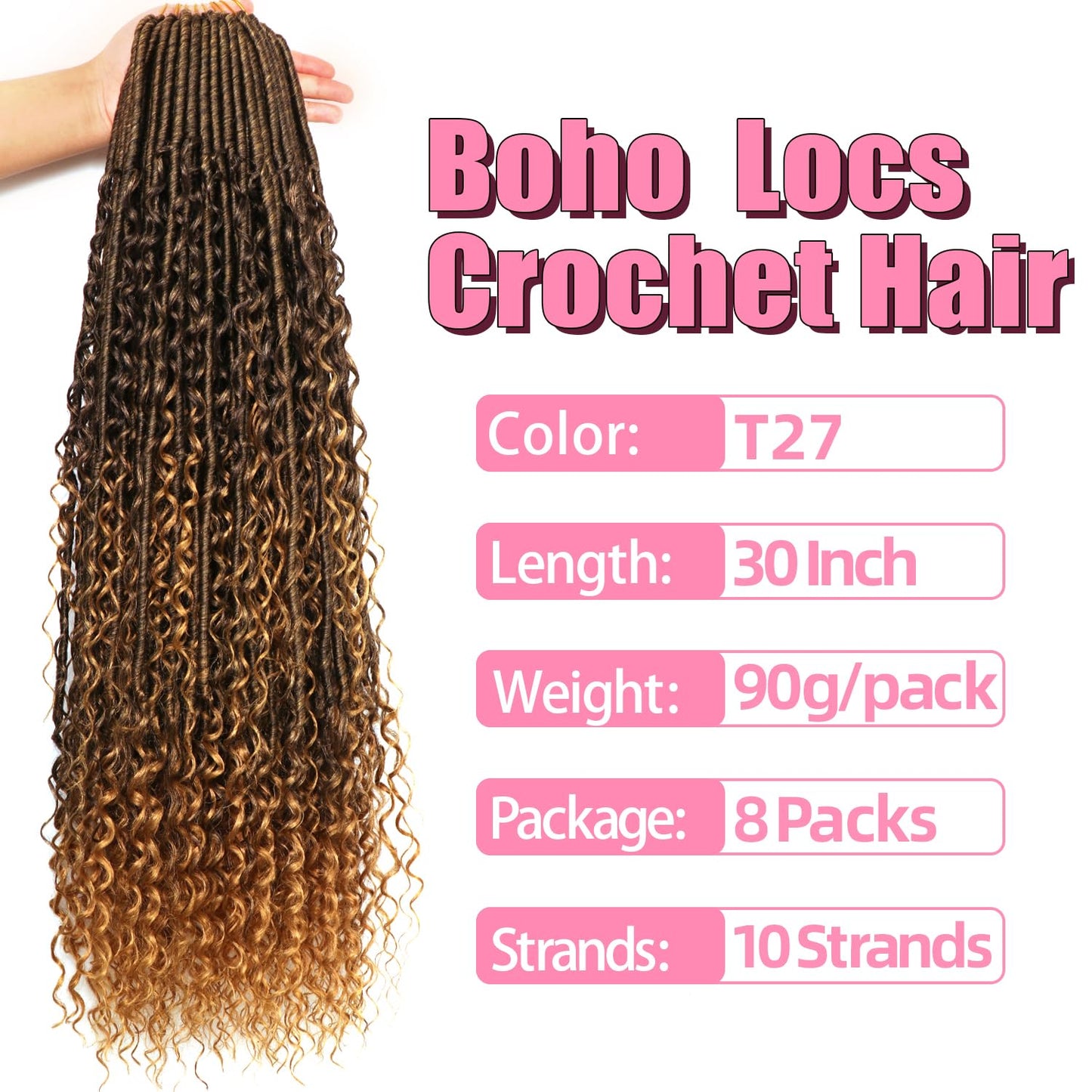 Soft Boho Locs Crochet Hair for Black Women-30 Inch 8 Packs Goddess Faux Locs Crochet Human Hair Feeling Pre Looped with Curly Ends Curly Ends (T27, 30 Inch(Pack of 8))