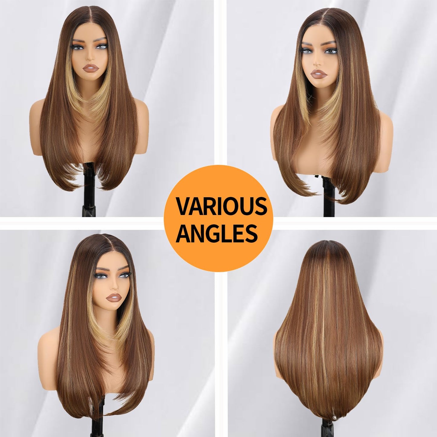 NOSTALGIA Honey Blonde Highlight Straight Lace Front Wig Pre Cut Glueless Synthetic Layered Wig 24 Inch Middle Part Closure Wig For Women Upgraded with Premium Fiber