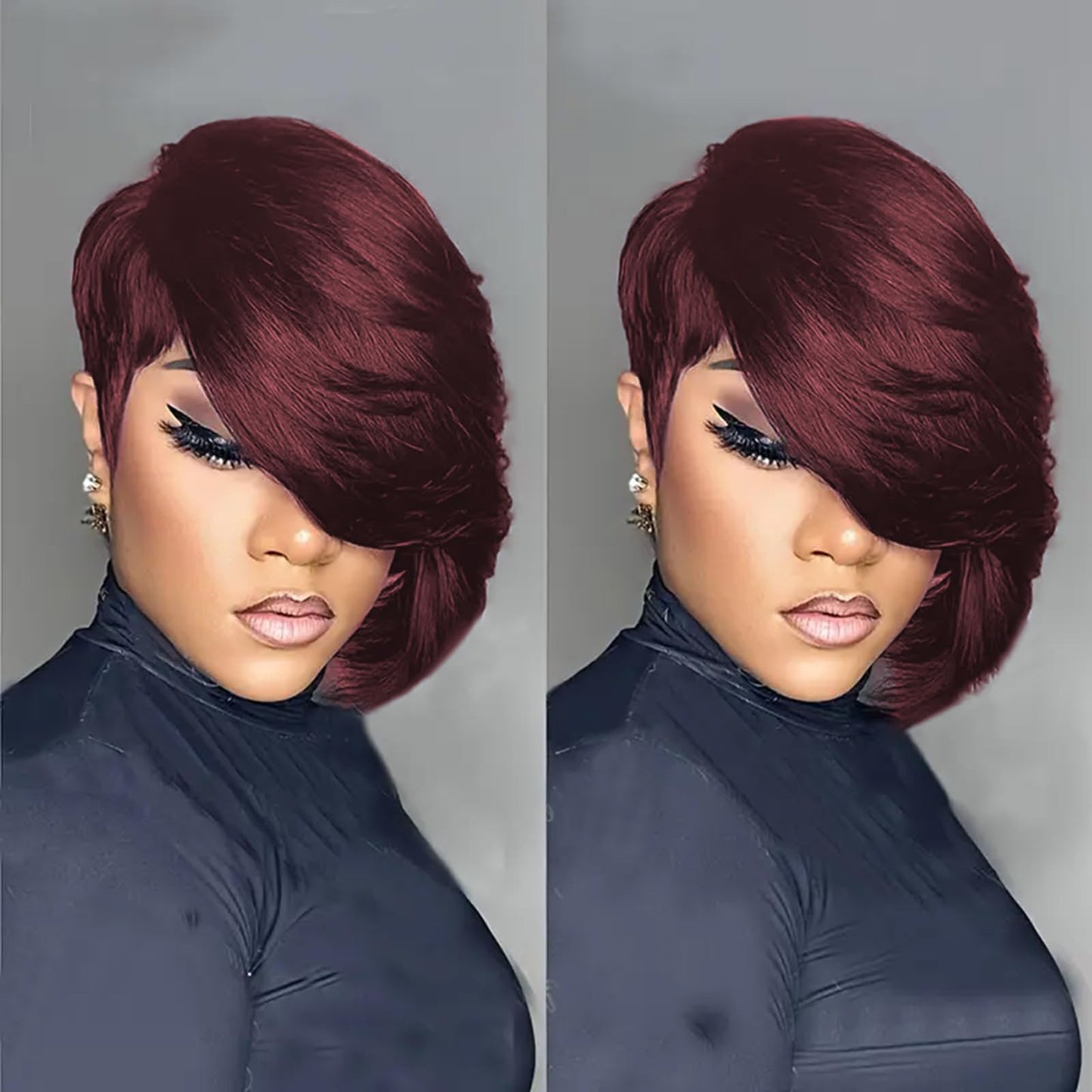 PangDongLai 10A Pixie Cut Wigs for Black Women Model Length Dark 99J Color Side Part Short Layered Pixie Cut Human Hair Wear and go Glueless Wigs With Bangs for Daily Use (dark 99J)