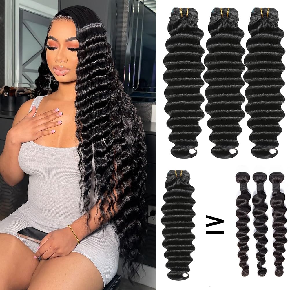 YISEA 16A Loose Deep Wave Bundles Human Hair (24 22 20 inches) Virgin Human Hair Bundles 100% Unprocessed Loose Deep Wavy 3 Bundles Thick Brazilian Remy Hair for Women Natural Color