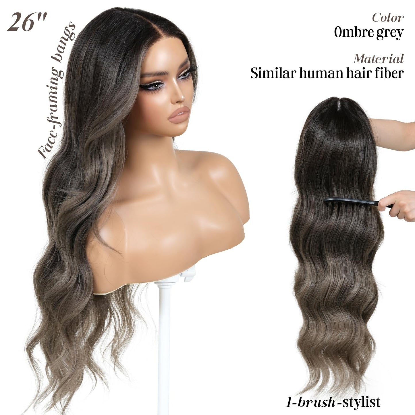 ENCOUNTERU Ombre Grey Wear and Go Glueless Wig with Bangs Body Wave Pre Plucked Synthetic Lace Front Gray Wigs for Women 13x5x1 Pre Cut Lace Glueless Ready to Wear Middle Part 26 Inch