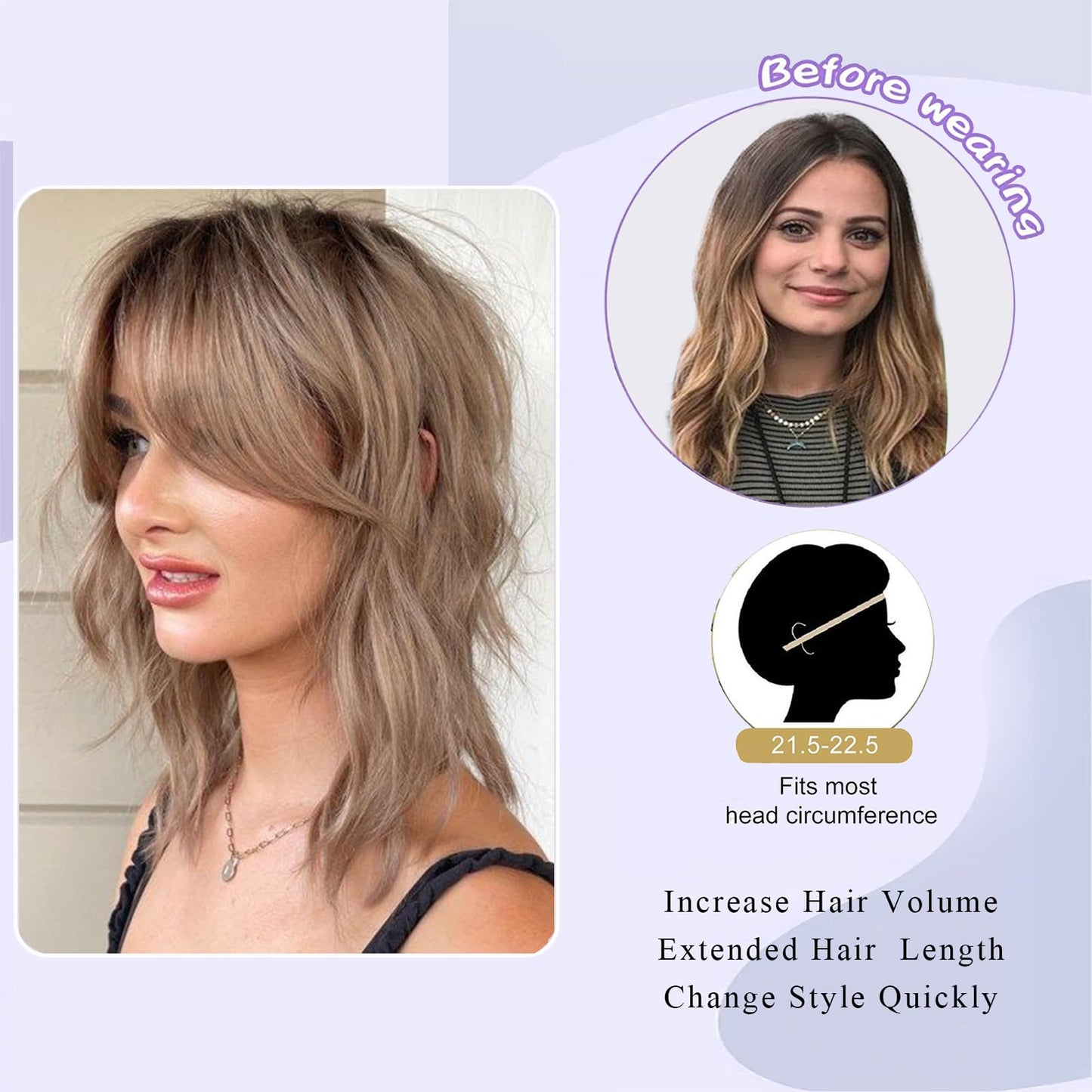 Gray Ombre Wig Short Gray Wavy Bob Wig with Bangs Gray Wigs for Women Synthetic Grey Curly Bob Wig Silver Gray White Hair Wig with Curtain Bangs Ombre Light Grey Wig with Dark Roots 14inch