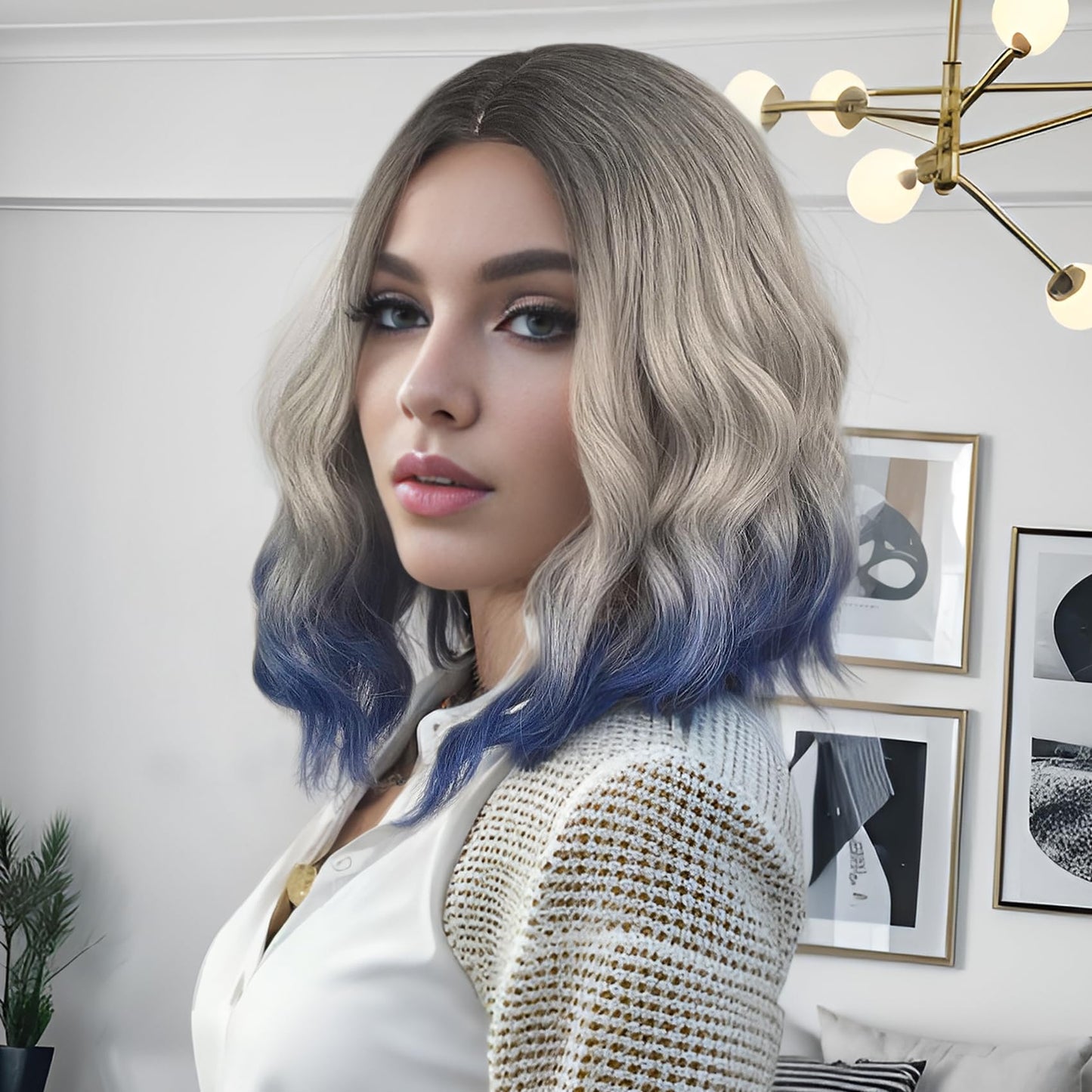 MUPUL Black Ombre silver gray To Blue Wig Short Body Wavy Bob Wigs for Women Shoulder Length Synthetic Cosplay Party Wig for Girls Daily Use Colorful Wigs