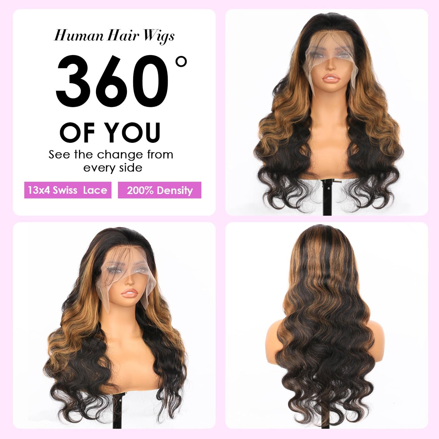Body Wave Lace Front Wigs Human Hair 1B/30 Highlight Ombre Lace Front Wig Human Hair 13x4 Transparent Lace Frontal Black with Brown Highlight Wig Human Hair for Women 200 Density Glueless Wigs 24 Inch