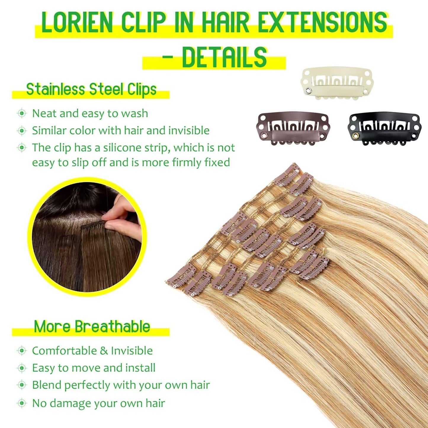 LORIEN Clip in Hair Extensions Real Human Hair, 22 Inch 110g, 18/613 Dark Blonde Highlighted Bleach Blonde, Clip in 100% Brazilian Remy Human Hair Extensions 8pcs Per Set with 18 Clips Double Weft