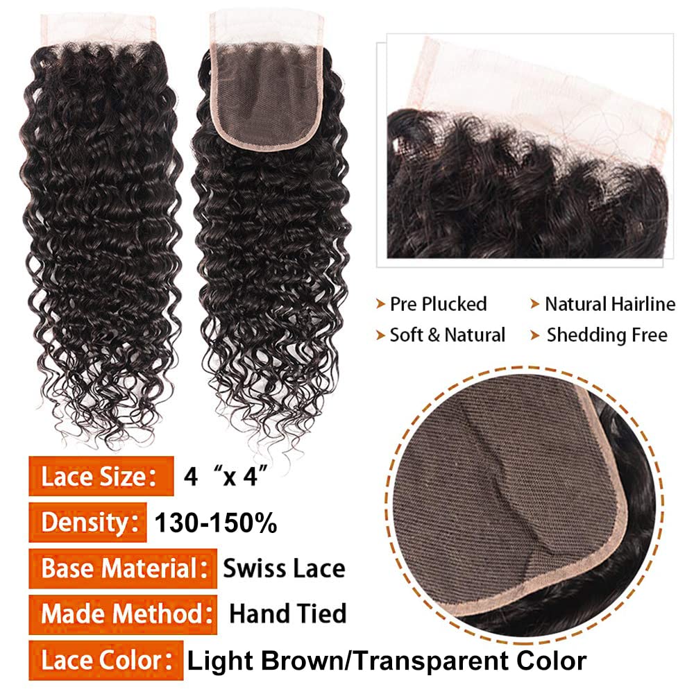 QTHAIR 14A Water Wave Transparent HD Lace Closure 4x4 Lace Closure Free Part Closure Water Wave Human Hair Closure 14" #1b 150% Density Unprocessed Wet and Wavy Virgin Human Hair Lace Frontal Closure