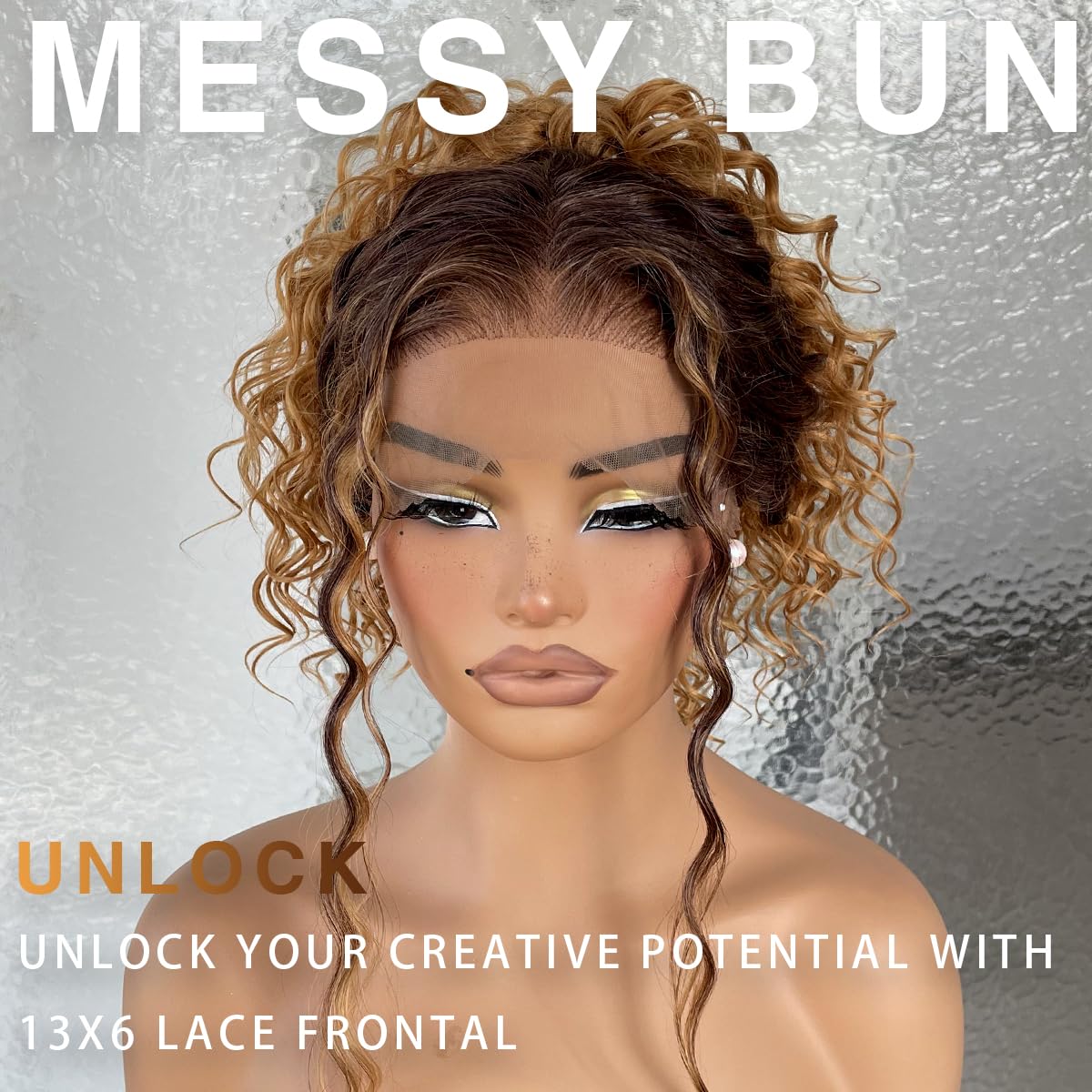 13x6 Omber Brown to Blonde HD Glueless Curly Lace Frontal Wigs Pre-Plucked, Deep Wave Lace Front Wig Similar Human Hair 200 Density, Synthetic Curly Wig for Black Woman Ready to Wear(26 inch)