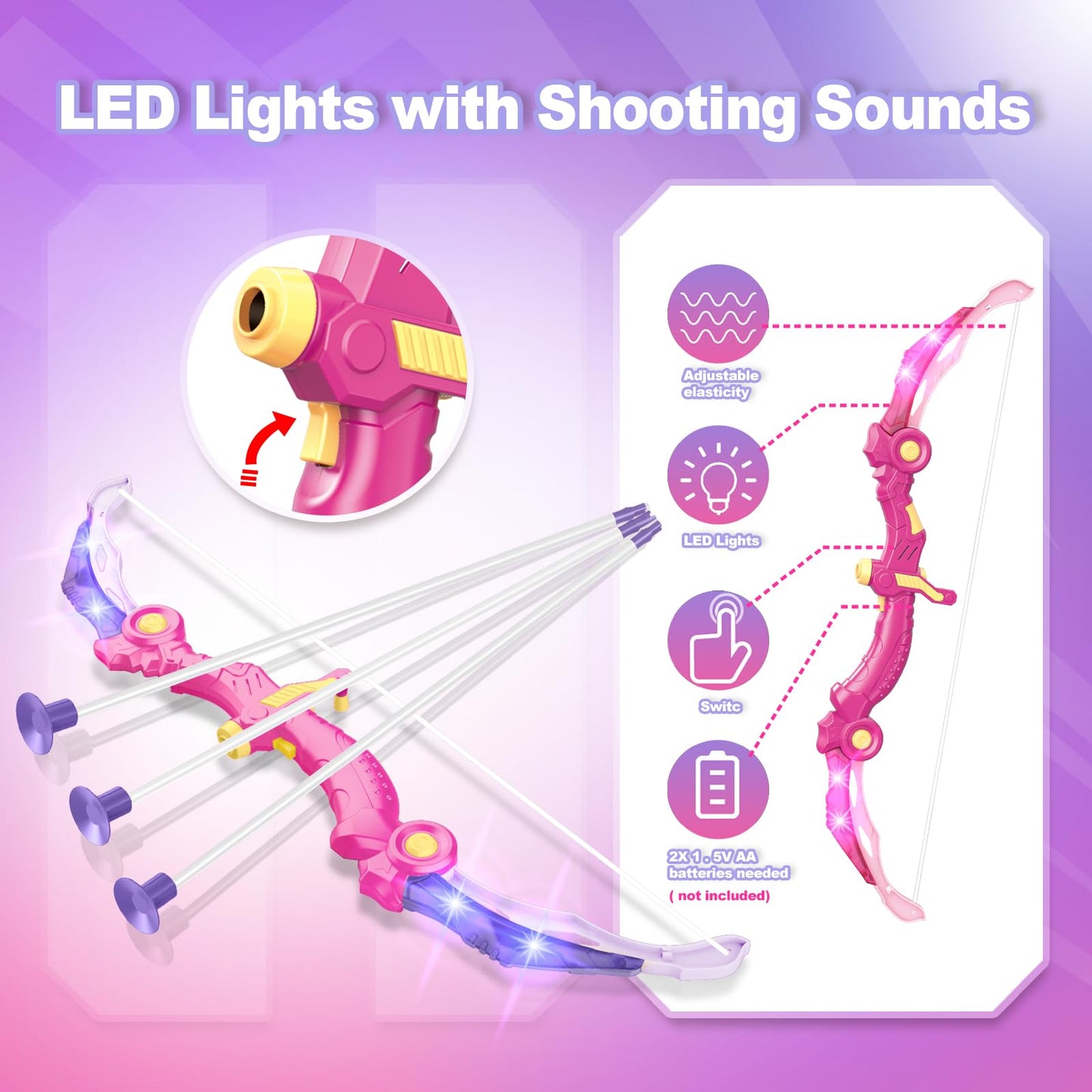 Bow and Arrow Toys for 5 6 7 8 9 10 Years Olds Girls, Archery Set includes 2 Super Bow with LED Lights, 20 Suction Cups Arrows,Archery Set with Standing Target,3 Target Cans,Gift for Kids