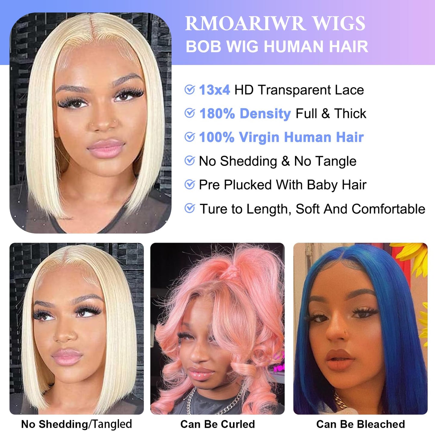 RMOARIWR 613 Blonde Bob Wig Human Hair 180% Density 13x4 HD Transparent Lace Front Wigs Human Hair Pre Plucked Short 613 Blonde Bob Glueless Straight Wigs Human Hair for Women 14 Inch