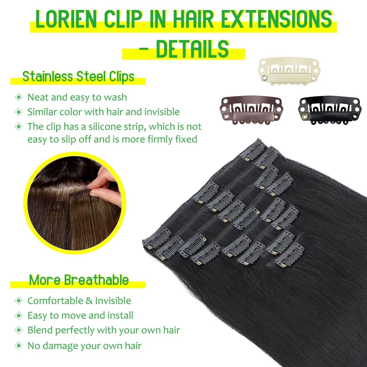 LORIEN Clip in Hair Extensions Real Human Hair, 22 Inch 110g, 1 Jet Black, Clip in 100% Brazilian Remy Human Hair Extensions 8pcs Per Set with 18 Clips Double Weft