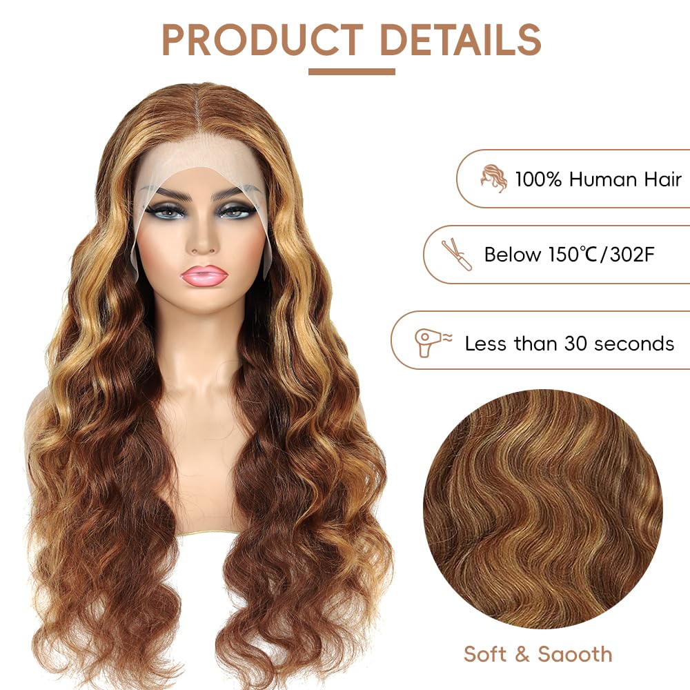 Highlight Ombre Lace Front Wig Human Hair Pre Plucked With Baby Hair 13x4 Body Wave Frontal Wigs Human Hair 200% Density 4/27 Colored Honey Blonde Lace Front Wig for Women 26 Inch