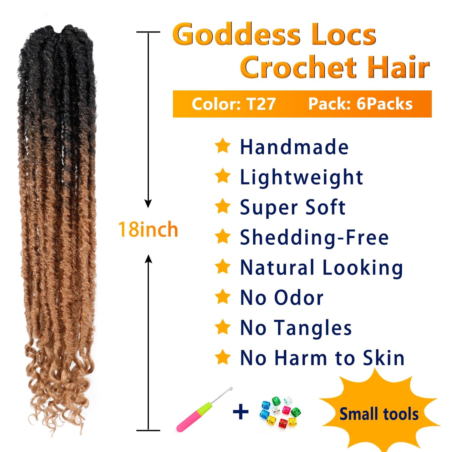 6 Packs Goddess Locs Crochet Hair, 18 Inch Straight Faux Locs Crochet Braids, Pre-Looped Curly Soft Synthetic Ombre Braiding Hair Extensions for Black Women(18 Inch, 6 Packs, 1B/27#)