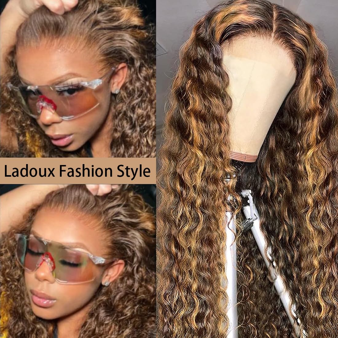 Ladoux Ombre Honey Blonde 13x6 HD Transparent Water Wave Lace Front Human Hair Wigs for Women 180% Density 4/27 Colored Highlight Curly Glueless Wigs 26Inch Pre Plucked with Baby Hair