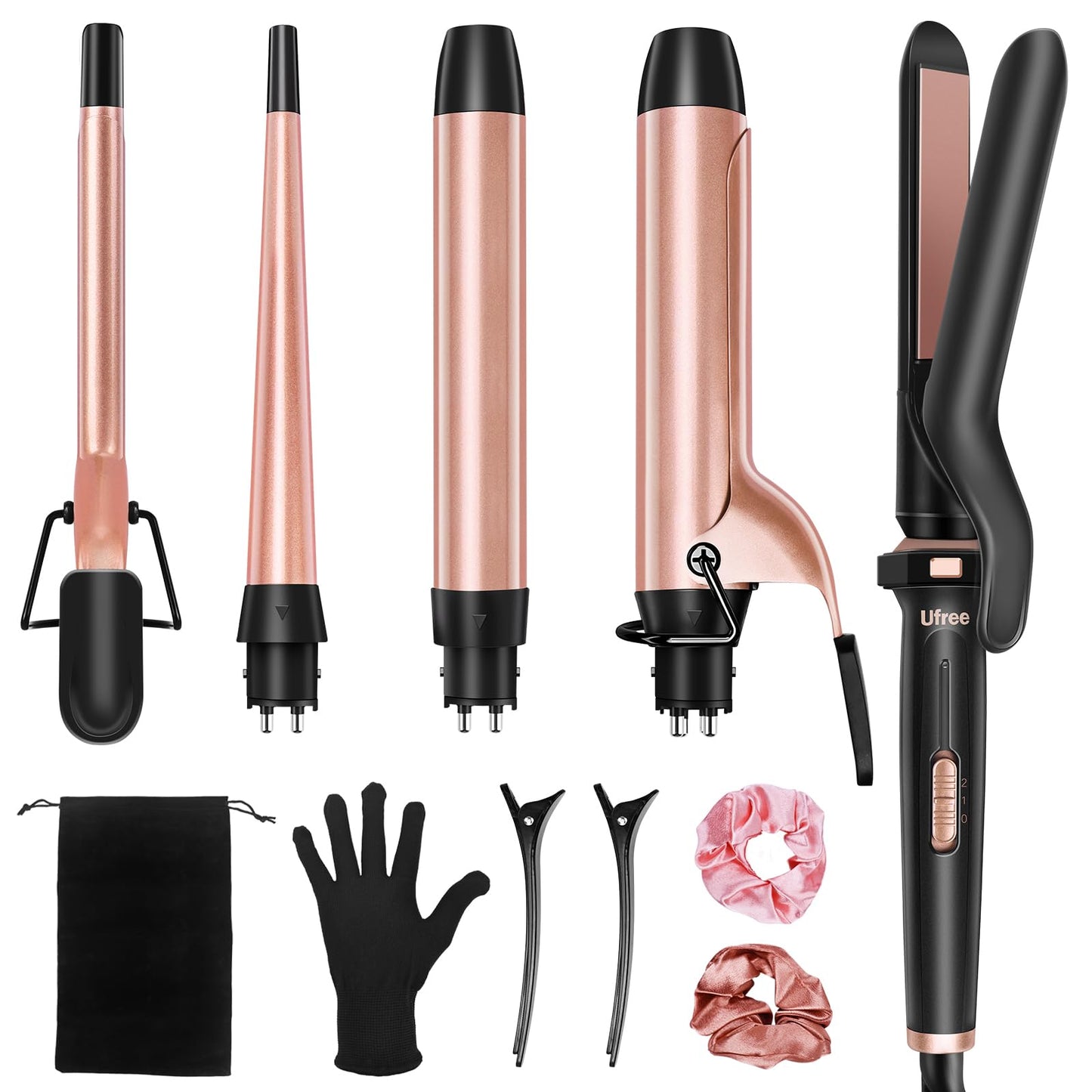Ufree 5 in 1 Curling Iron with Interchangeable Ceramic Barrels (0.35"-1.25"), Curling Wand Set with Flat Iron Hair Straightener, Professional Instant Heat Up, Dual Voltage Hair Curler, Women Gifts