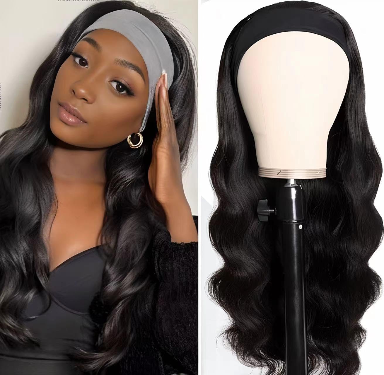 Justres Headband Wig Human Hair Body Wave Headband Wigs for Black Women None Lace Front Wig Wear and Go Glueless Wig Brazilian Virgin Human Hair Wig 180% Density Wigs Natural Color 18 Inch
