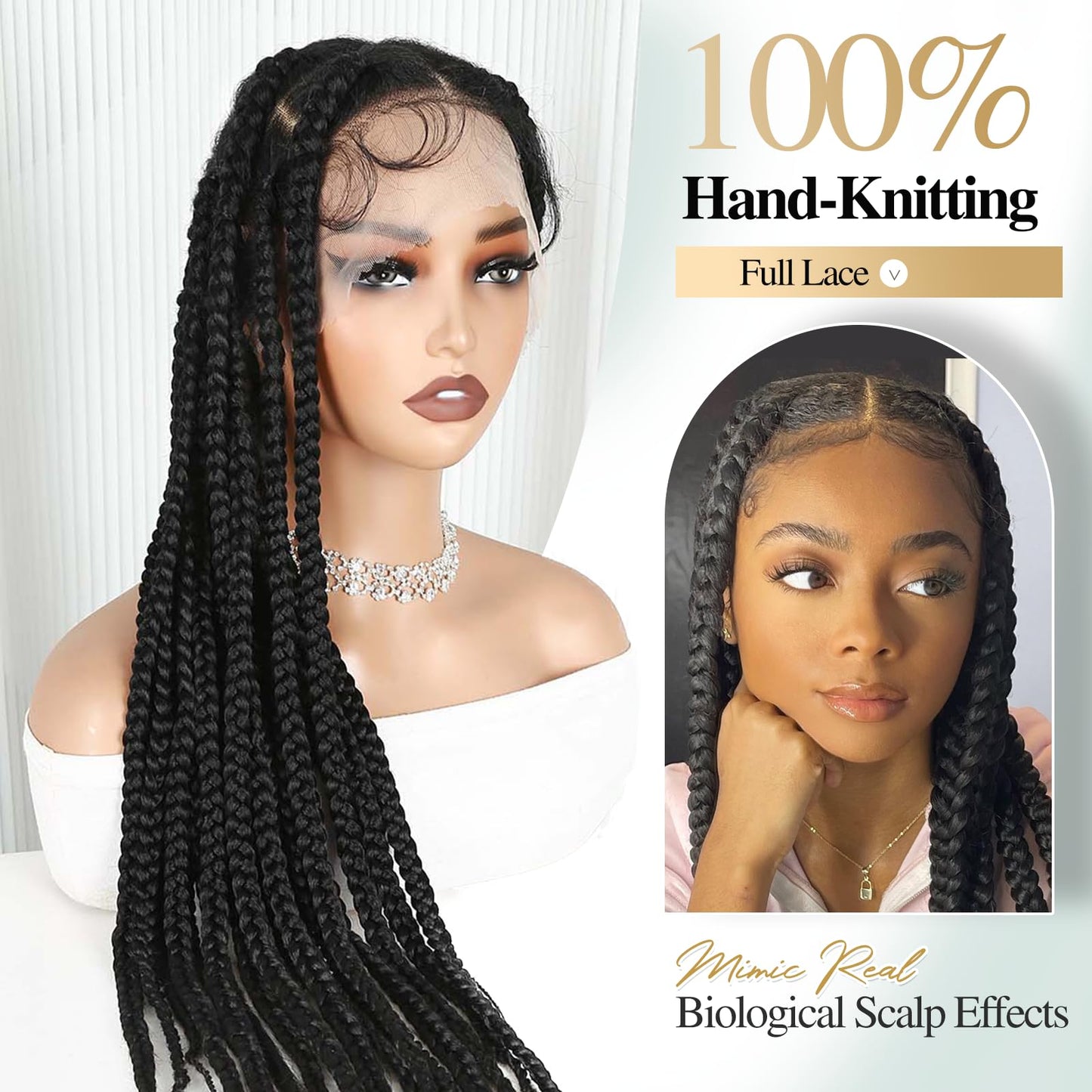 WIGER 360 Full Lace Braided Wigs for Black Women, 34 Inch Transparent HD Lace, Single-layer Jumbo Braids, 22 Handmade Braids, Natural Black Synthetic Lace Front Hair Wig