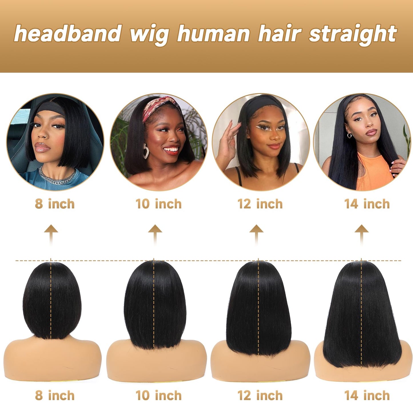 XC CLOUDS Headband Wigs Human Hair 8 Inch Bob Headband Wigs For Black Women Wear And Go Short Bob Wigs Glueless Wigs Human Hair Natural Black Headband Wig Human Hair Straight 150% Density