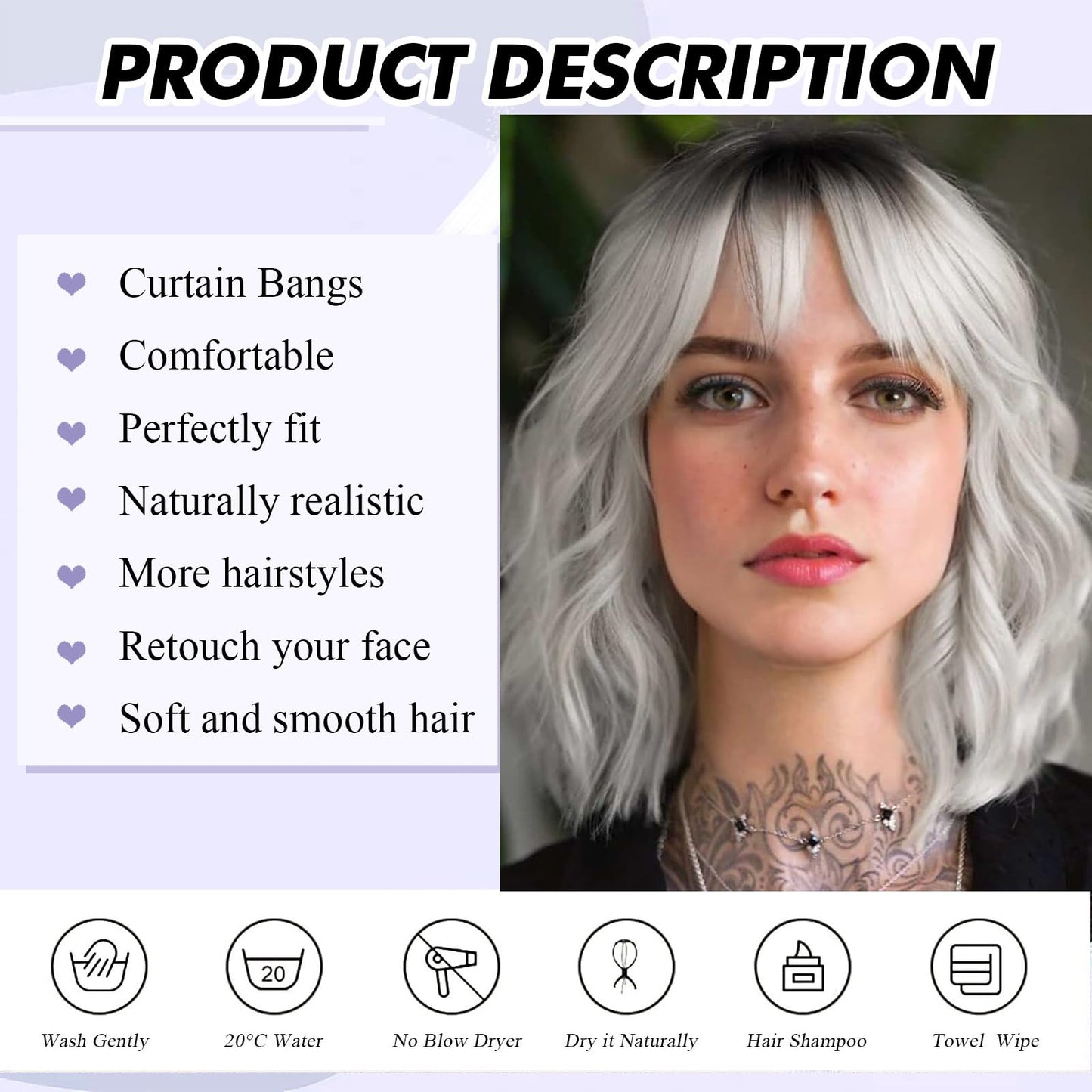 Gray Ombre Wig Short Gray Wavy Bob Wig with Bangs Gray Wigs for Women Synthetic Grey Curly Bob Wig Silver Gray White Hair Wig with Curtain Bangs Ombre Light Grey Wig with Dark Roots 14inch