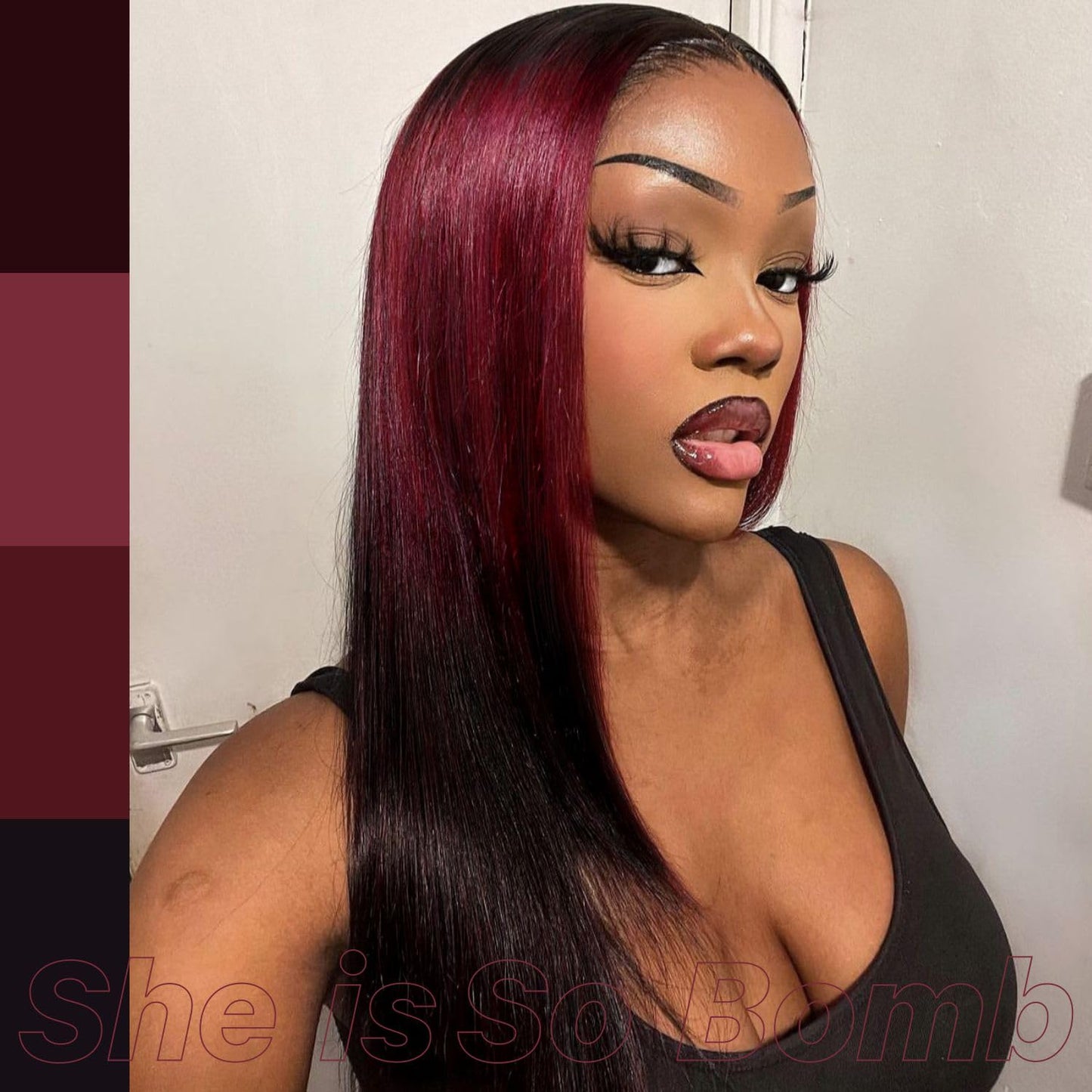 BrownBomb Ombre Red Black Wear and Go Glueless Wigs Pre Plucked Pre Cut for Beginners Synthetic Lace Front Wigs With Bangs Long Straight layered Wigs HD Lace 26 Inch 3 Seconds to Wear for Beginners