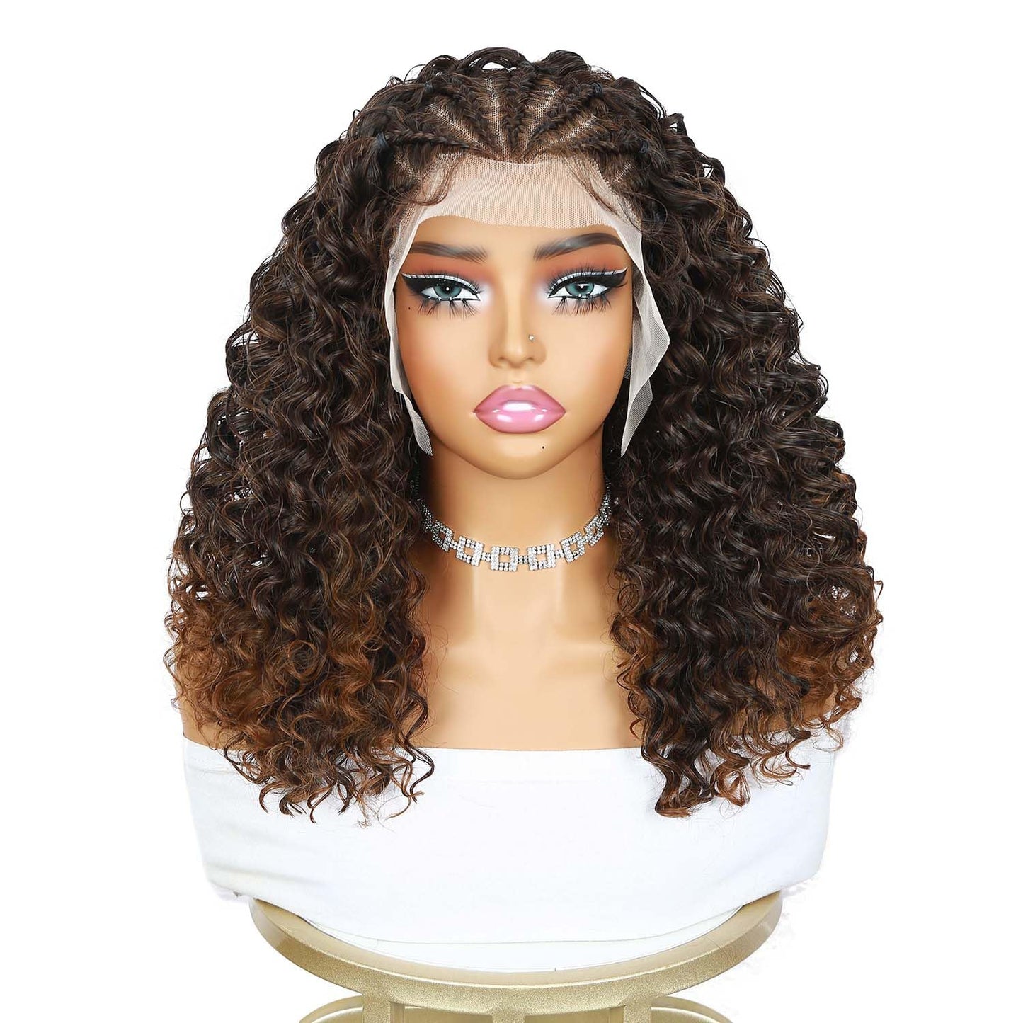 Quantum Love Braided Wigs for Black Women Braids Cornrows Lace Curly Wigs 16 Inch Lace Frontal Braided Fully Curly Ombre Brown Bob Synthetic Glueless Wigs