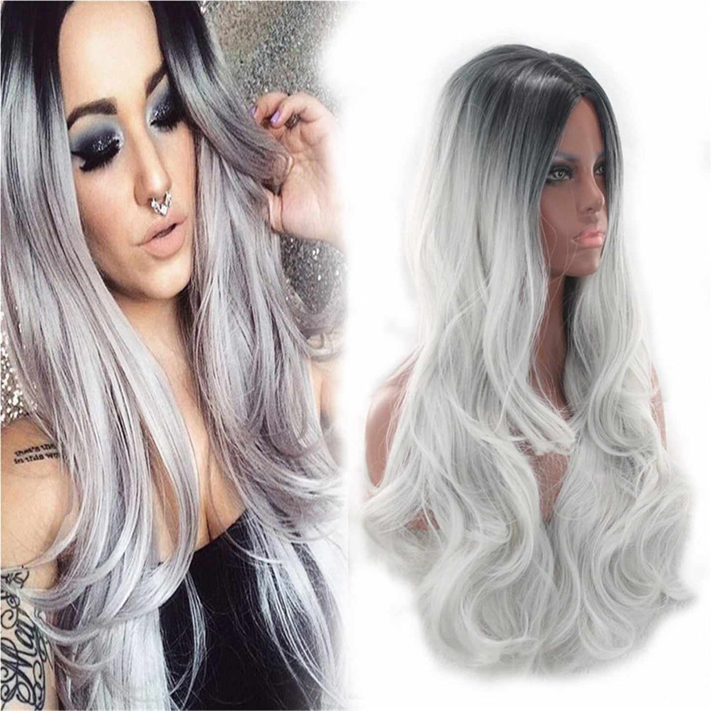 It's A Wig Wigs for Women Full Head Cover Ladies Gray Gradient High Temperature Silk Hair Set Long Big Wave Curly Hair In The Middle Part Dyeing Wig Lace Front for Women(White)