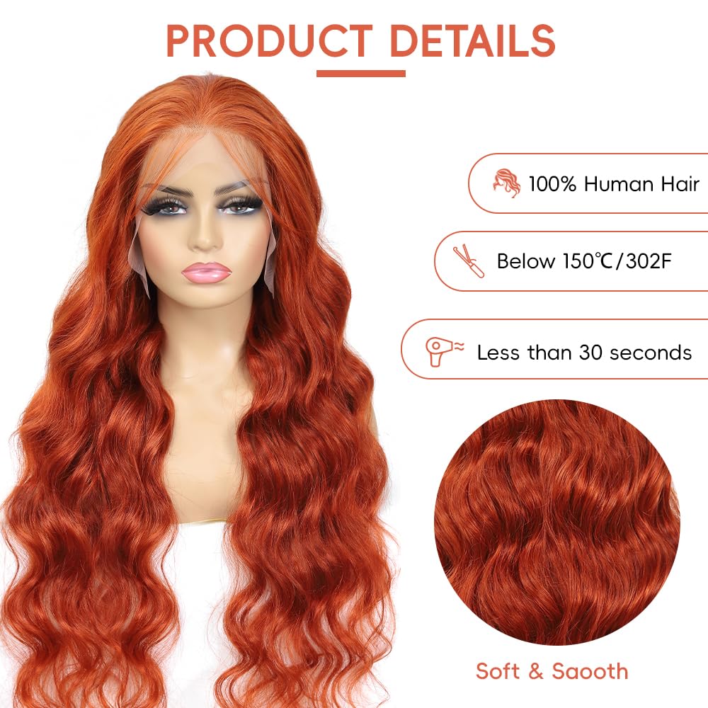 Ginger Lace Front Wig Human Hair Pre-Plucked 200% Density Body Wave HD Lace Frontal Wig 88J Colored Ginger Human Hair 13x4 Lace Front Wig Glueless 32 Inch