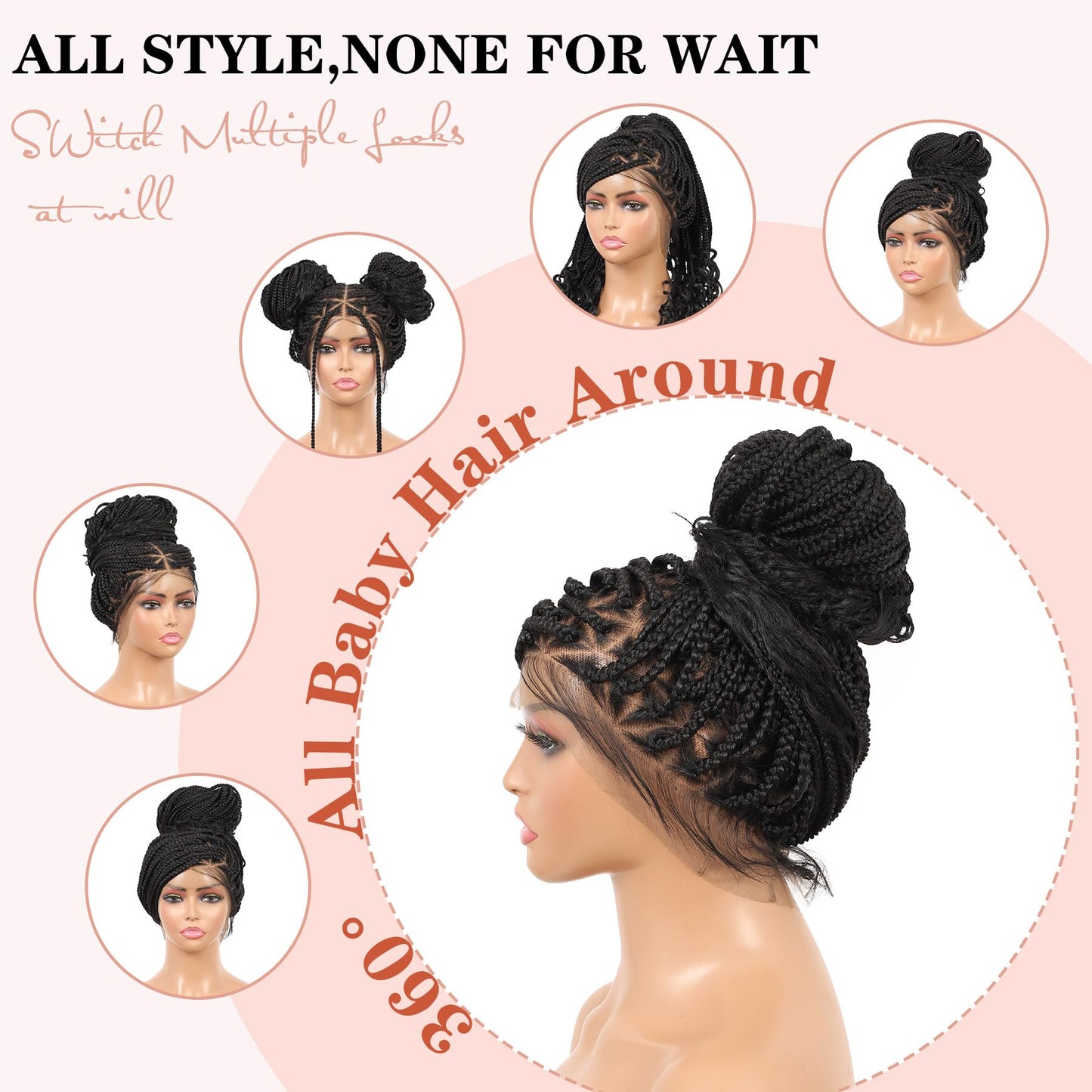 Lexqui 36" 360° HD Full Lace Braided Wigs for Women Box Braid Wig with Boho Curly End Triangle Knotless Braided Wigs with Baby Hair Handmade Synthetic Hair Braided Lace Front Wig Black