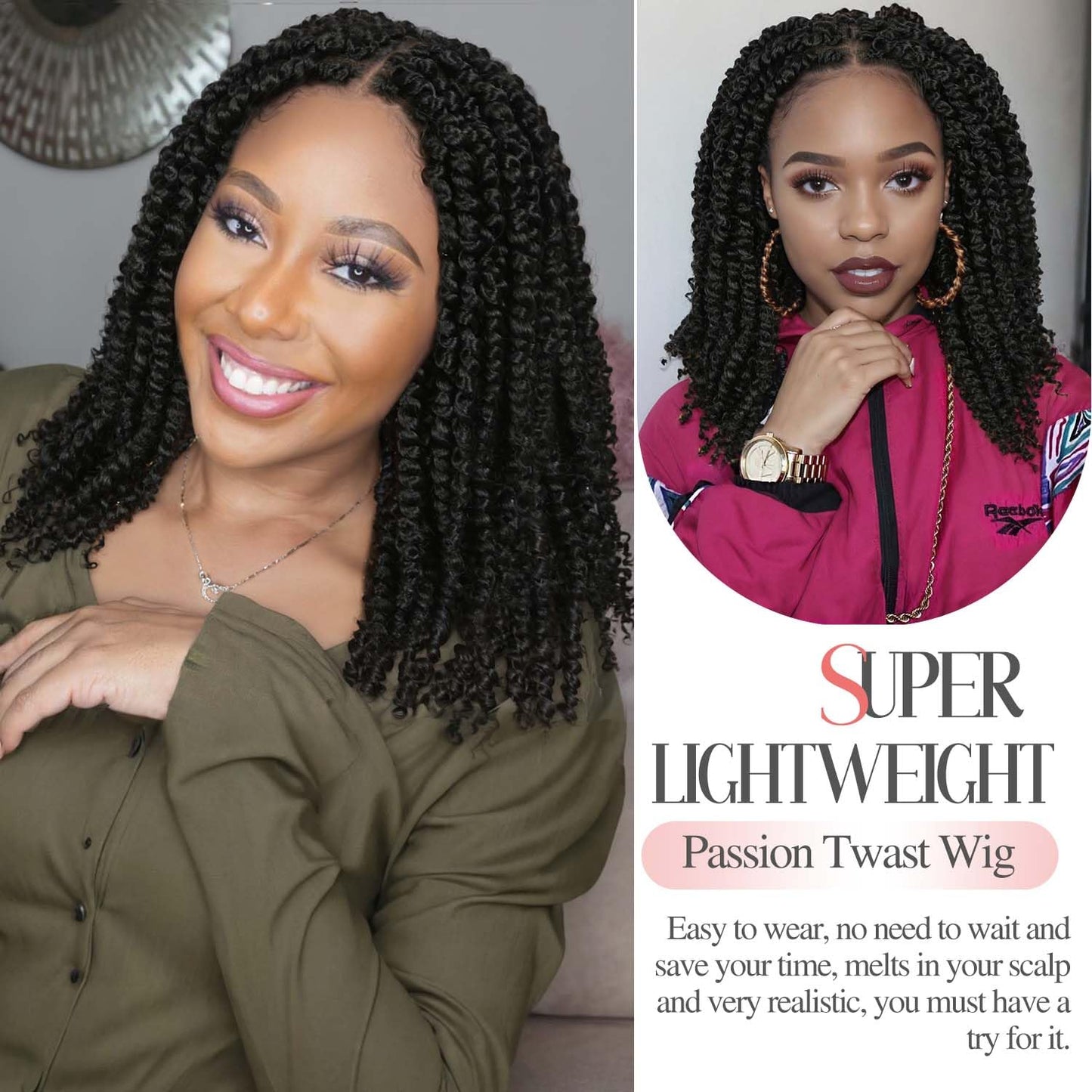 Fancy Hair Full Lace Short Passion Twist Wig with Baby Hair Lace Front Knotless Braided Twist Wig for Black Women (Natural Black)