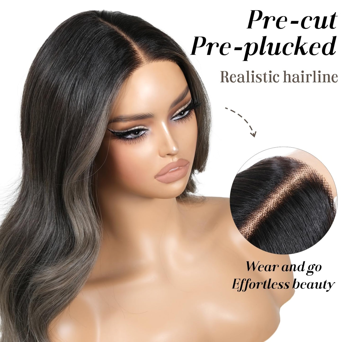 ENCOUNTERU Ombre Grey Wear and Go Glueless Wig with Bangs Body Wave Pre Plucked Synthetic Lace Front Gray Wigs for Women 13x5x1 Pre Cut Lace Glueless Ready to Wear Middle Part 26 Inch
