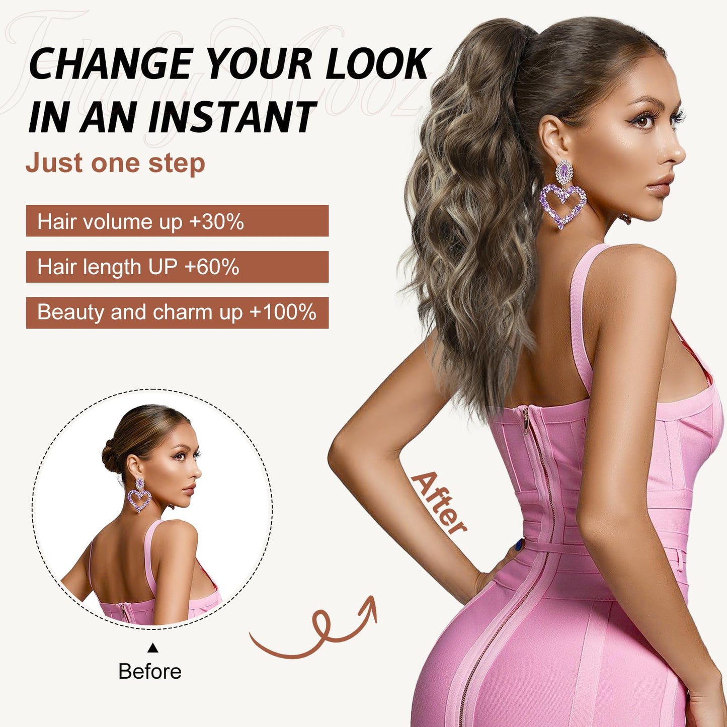 FLUFYMOOZ Ponytail Extension, 18 Inch Claw Clip Ponytail Extension, Wavy Curly Claw Clip in Ponytail Hair Extensions, Natural Fake Ponytail Synthetic Hairpiece for Women (Grey/Silver/White Mixed)