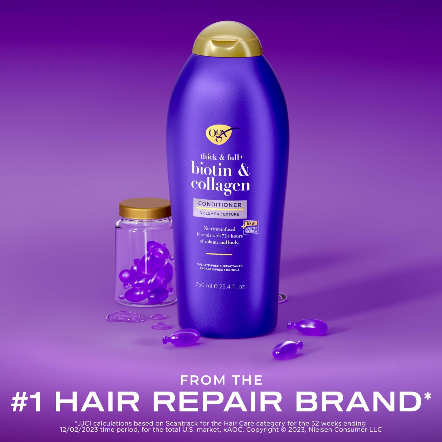 OGX Thick & Full + Biotin & Collagen Volumizing Conditioner, Nutrient-Infused Conditioner + Vitamin B7 Biotin Gives Hair Volume & Body for 72+ Hours, Sulfate-Free Surfactants, 25.4 fl. oz