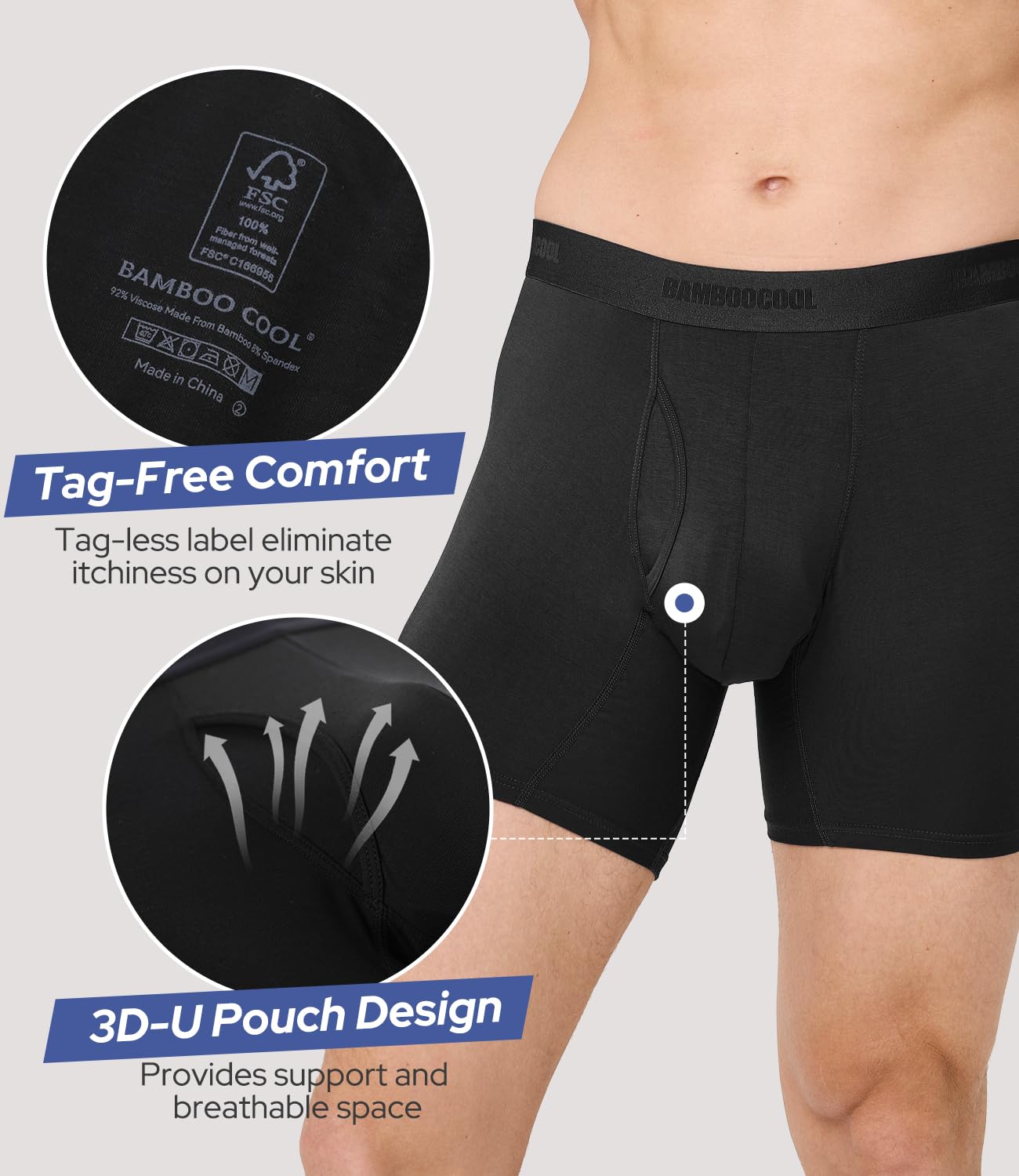 BAMBOO COOL Mens Underwear Ultra Soft & Breathable Boxer Briefs Moisture Wicking Tagless 3D Pouch 4 Pack