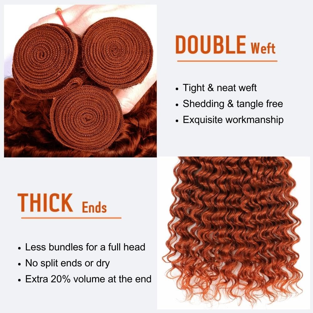 AUROO Ginger Bundles Human Hair Deep Wave Burnt Orange 350 Human Hair Bundles Curly Ginger Hair Unprocessed 10A Virgin Remy Weave Bundles Human Hair Sew In Soft Thick Single Bundles Human Hair 16 Inch