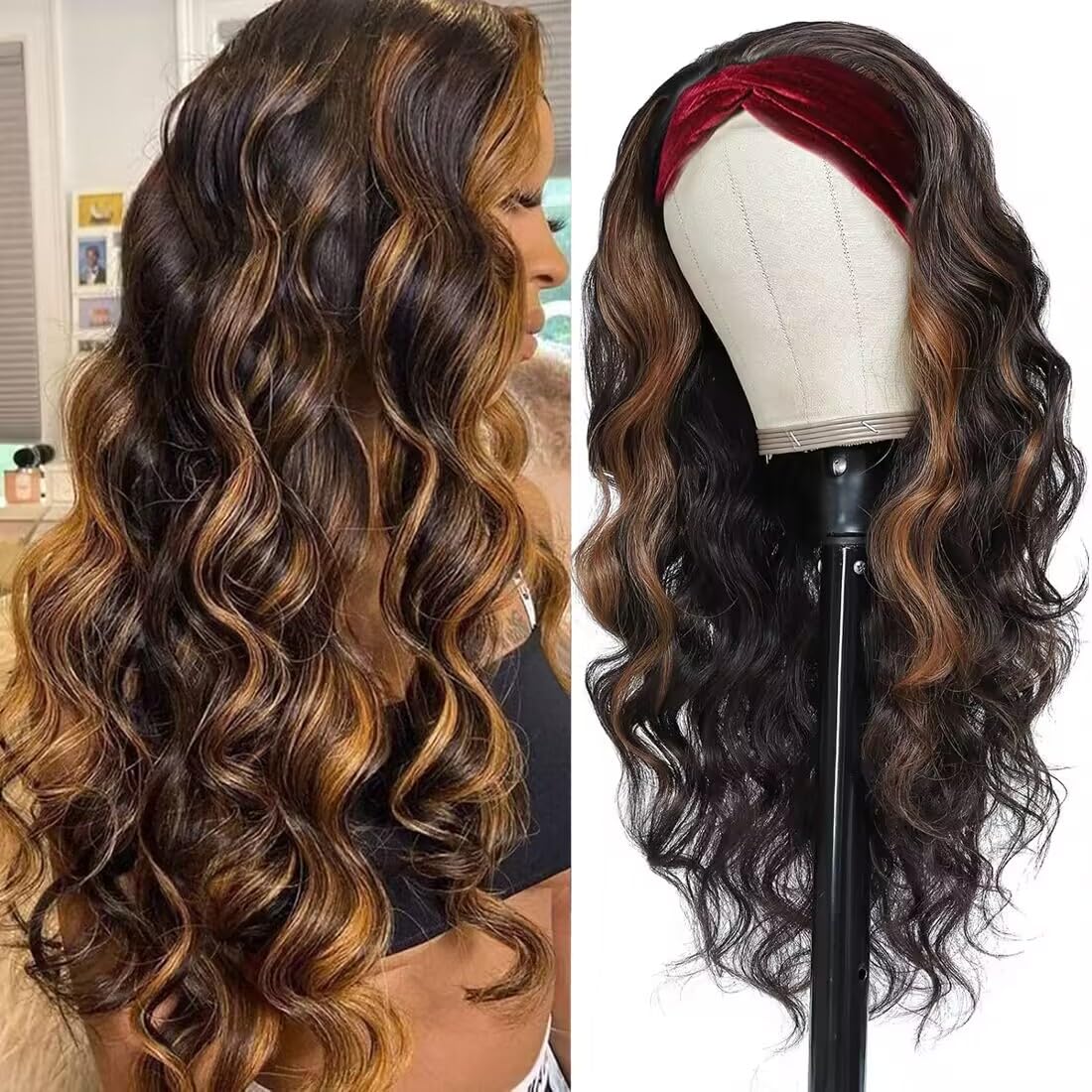 YUPEWG Long Wavy Headband Wigs for Black Women Glueless Highlight Brown And Black Synthetic Headband Wig Ready to Wear Wigs Glueless Wigs Daily Party Wear