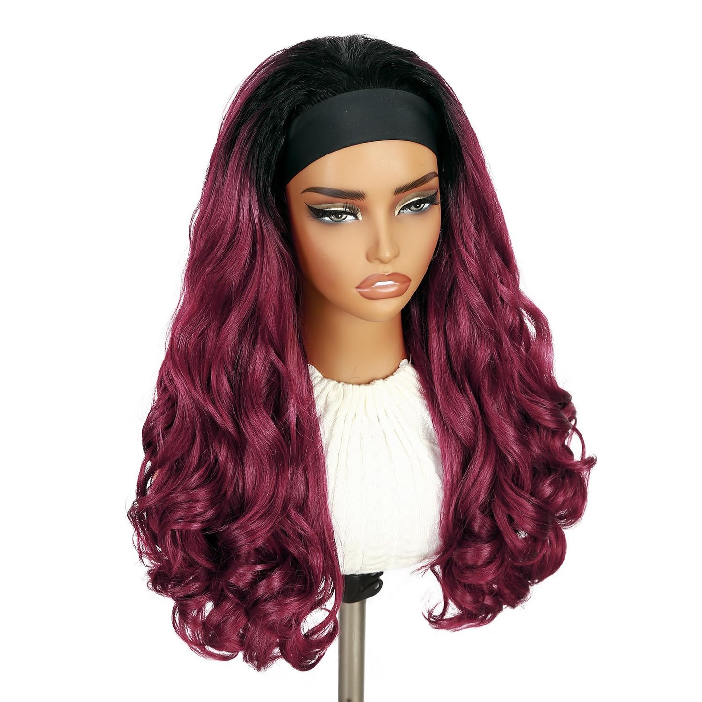 FANCEE Yaki Wavy Headband Wigs Ombre Burgundy Kinky Straight Wear and Go Wig with Curly Wavy Ends for Mom on the Go Synthetic Headband Blow Out Style Natural Hair Wig for Black Women Bug