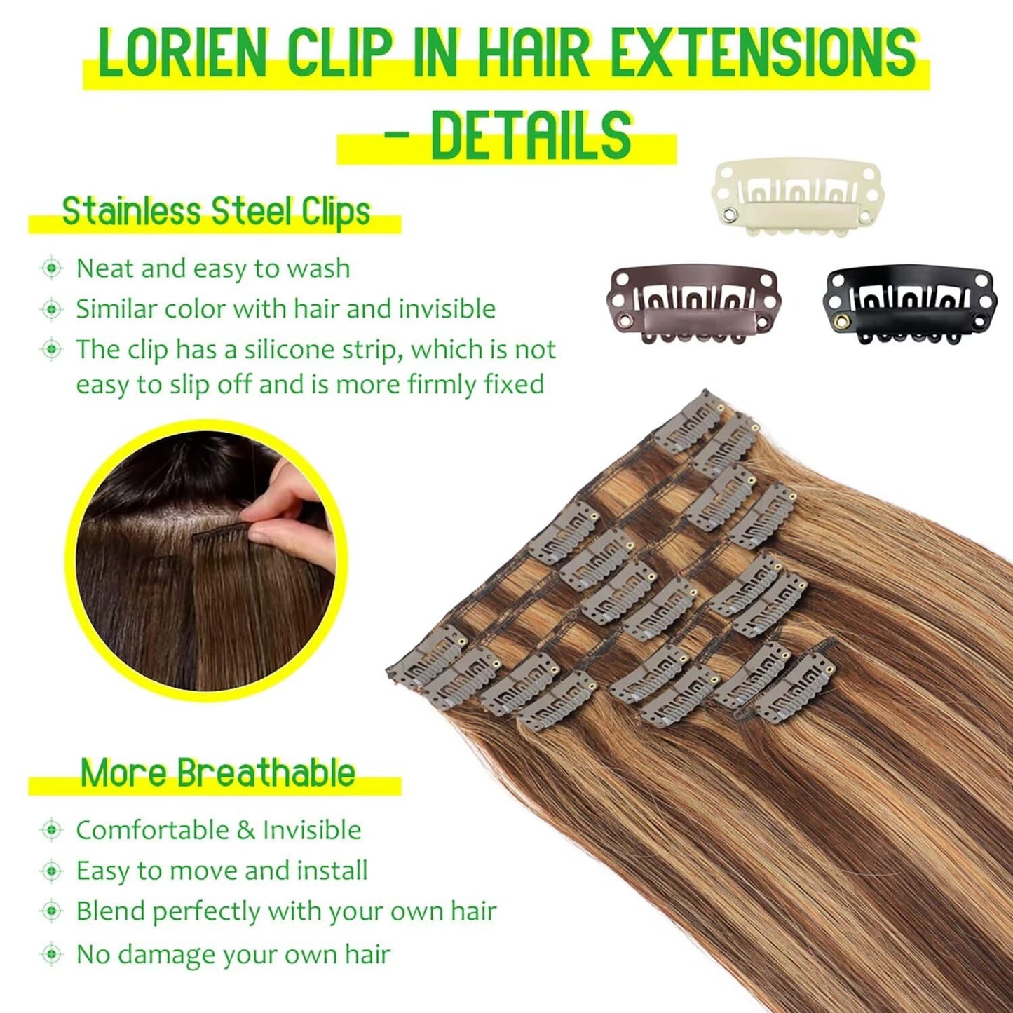 LORIEN Clip in Hair Extensions Real Human Hair, 18 Inch 100g, 4/27 Chocolate Brown to Caramel Blonde, Clip in 100% Brazilian Remy Human Hair Extensions 8pcs Per Set with 18 Clips Double Weft