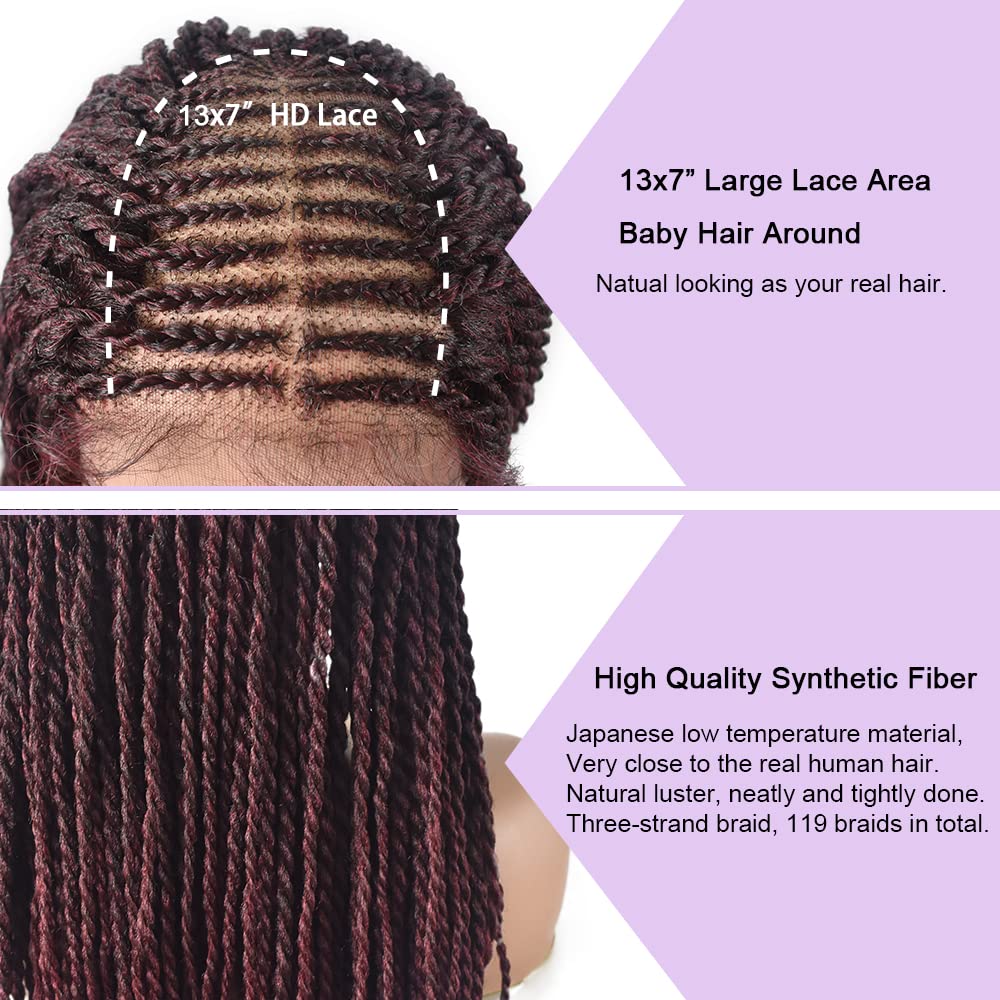 Knotless Cornrow Braided Wig For Black Women Soft Lace Micro Braiding Wig Baby Hair Box Braids Wigs Light Weight Curly Synthetic Braid Wig For Women (#1B/99JT-#Black/Deep WineT)