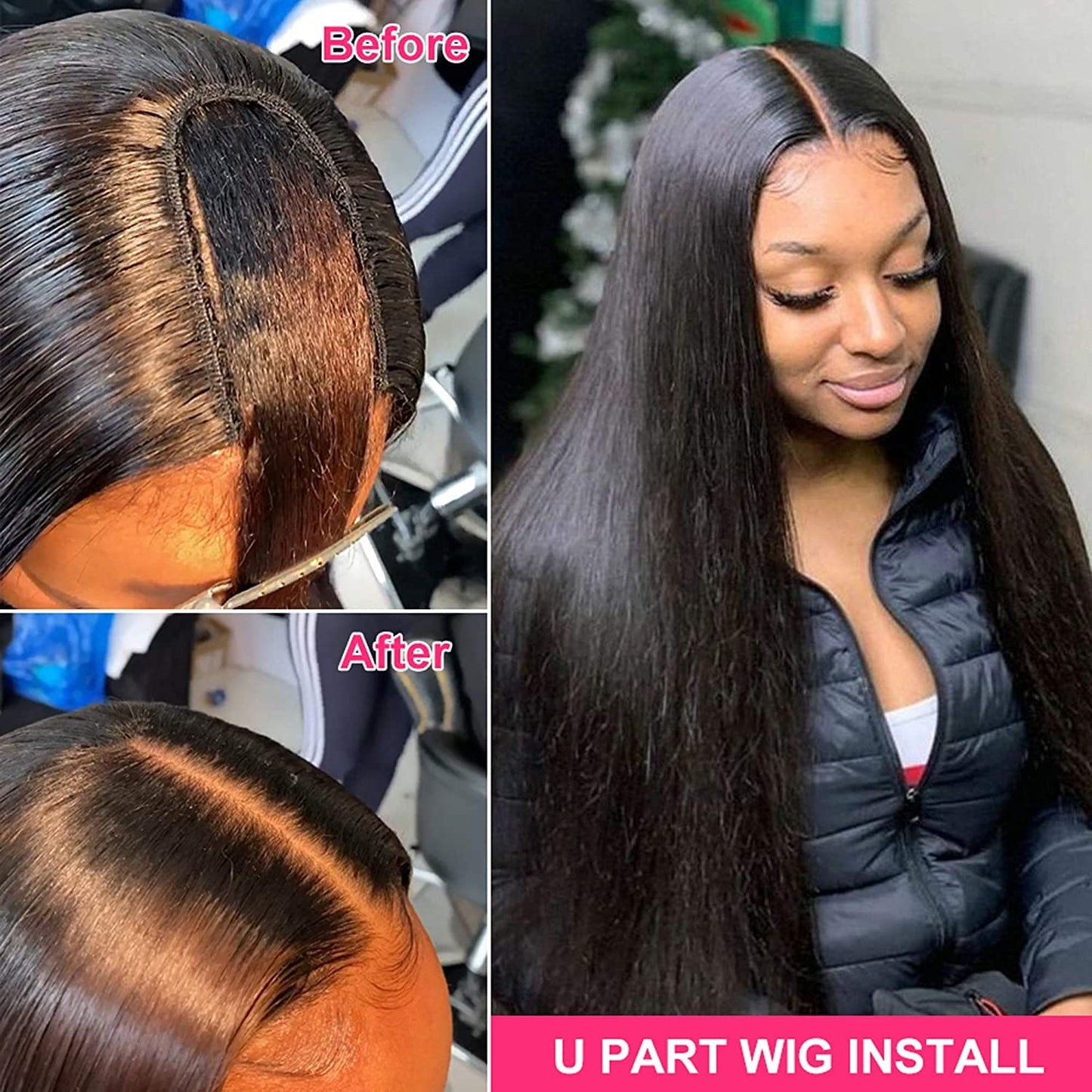 Sooolavely 18 Inch U Part Human Hair Wigs for Black Women Straight Beginner Friendly Unprocessed Brazilian Virgin Human Hair Wig Glueless Hair 180% Density Natural Color