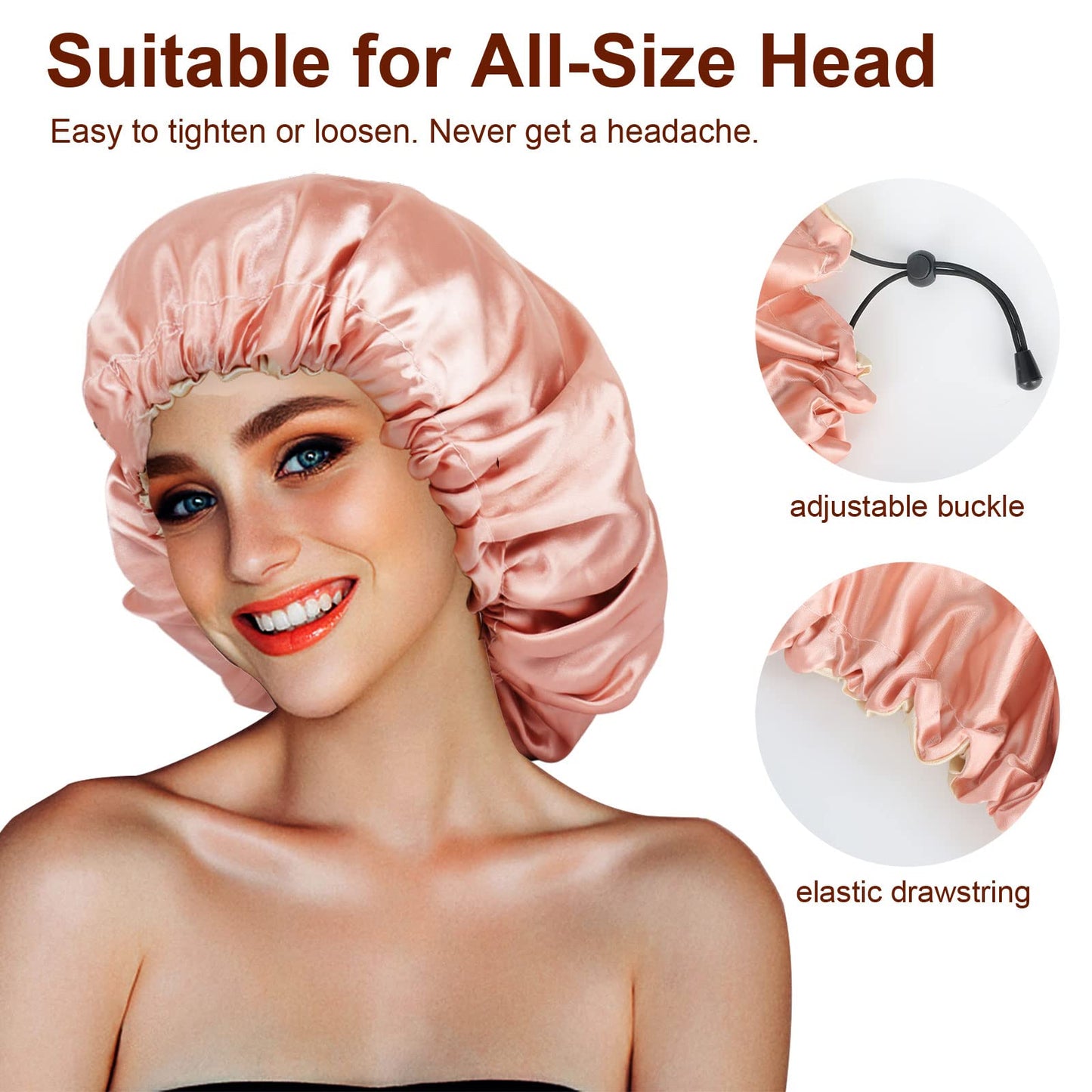 Atudew Satin Bonnet, 2PCS Silk Bonnet, Hair Bonnet for Black Women for Curly Hair Sleeping, Silk Sleeping Cap, Satin Sleep Cap, Satin Night Cap, Hair Cap for Sleeping, Sleep Bonnet, Black & Pink