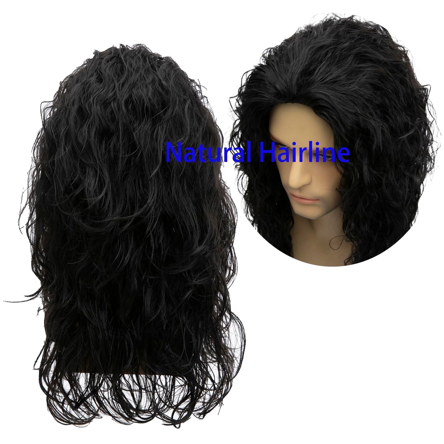 Baruisi Long Curly Wavy Black Wigs for Men Synthetic Natural Party Halloween Cosplay Hair Wig