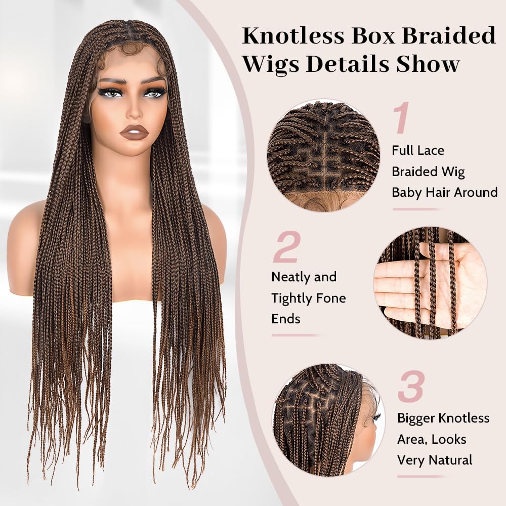 Suntefic Box Braided Wigs for Black Women Glueless Box Braids Wig with Baby Hair Double Full Lace Front Braid Wig Human Hair Blended Braided Wigs Box-1BT30