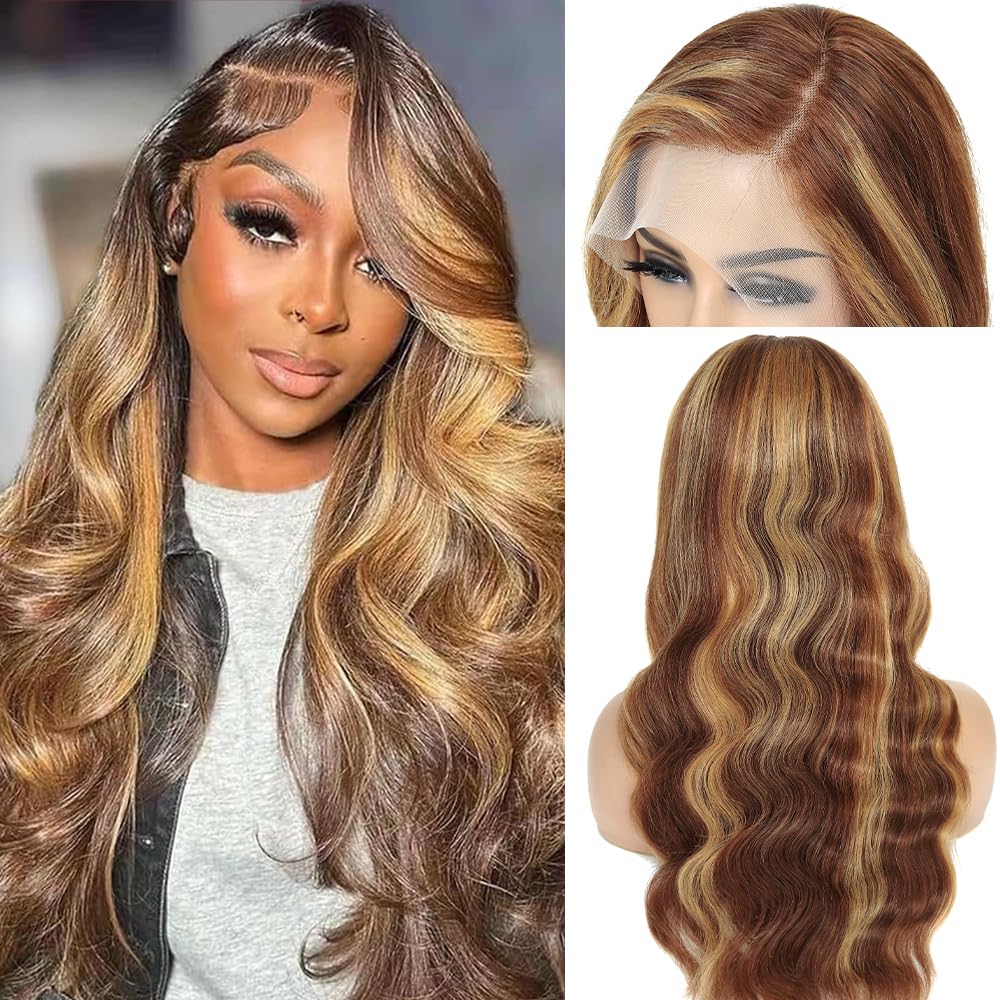 Highlight Ombre Lace Front Wig Human Hair Pre Plucked With Baby Hair 13x4 Body Wave Frontal Wigs Human Hair 200% Density 4/27 Colored Honey Blonde Lace Front Wig for Women 24 Inch