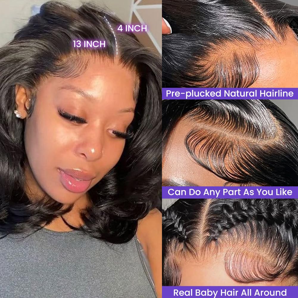 UTIDE Body Wave Bob Wig Human Hair HD Lace Front Wigs 180% Pre Plucked Density Glueless Wig Natural Black Color 12 Inch for Black Women