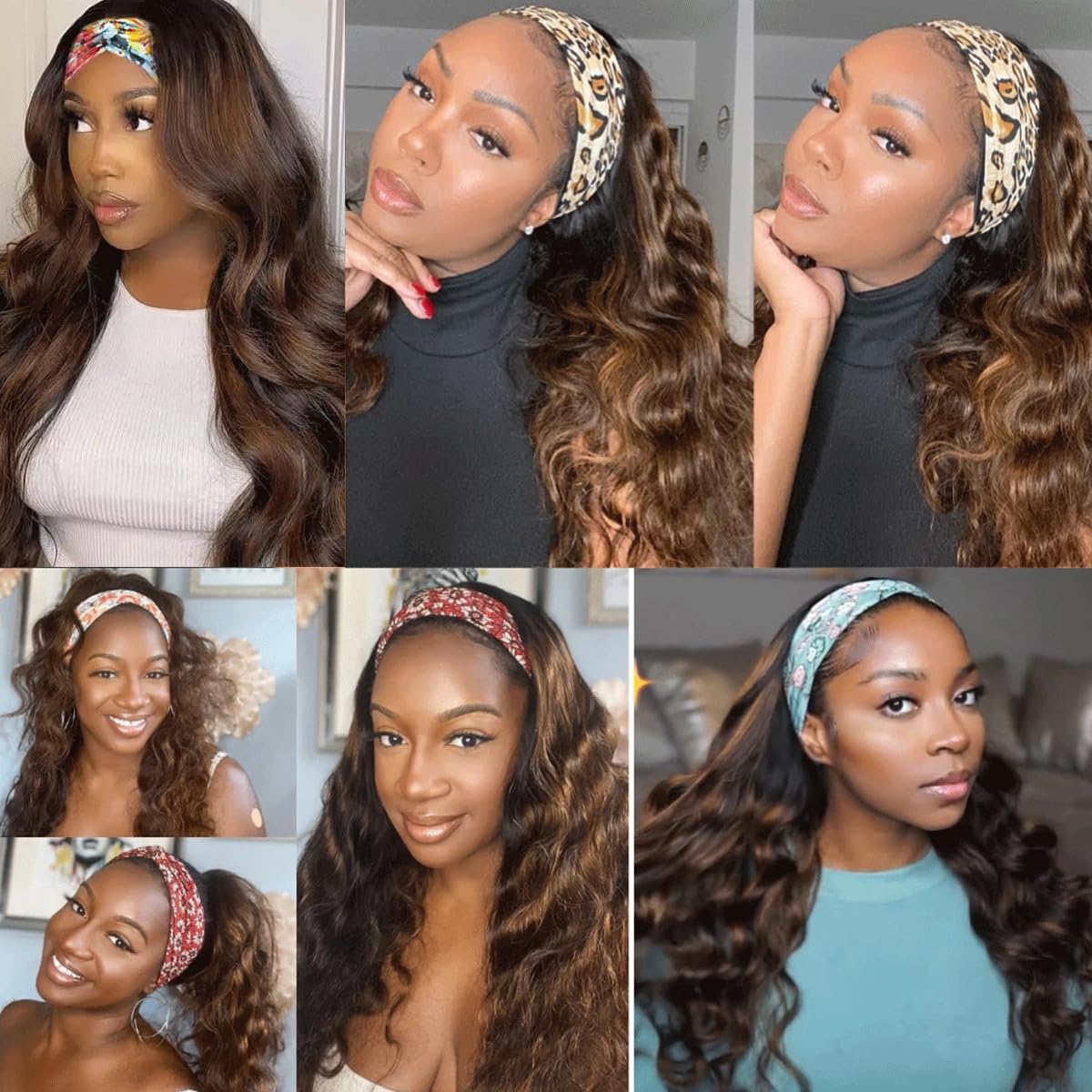 YUPEWG Long Wavy Headband Wigs for Black Women Glueless Highlight Brown And Black Synthetic Headband Wig Ready to Wear Wigs Glueless Wigs Daily Party Wear