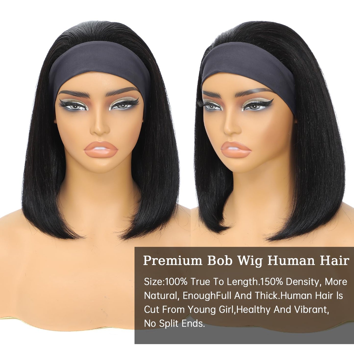 XC CLOUDS Headband Wigs Human Hair 8 Inch Bob Headband Wigs For Black Women Wear And Go Short Bob Wigs Glueless Wigs Human Hair Natural Black Headband Wig Human Hair Straight 150% Density
