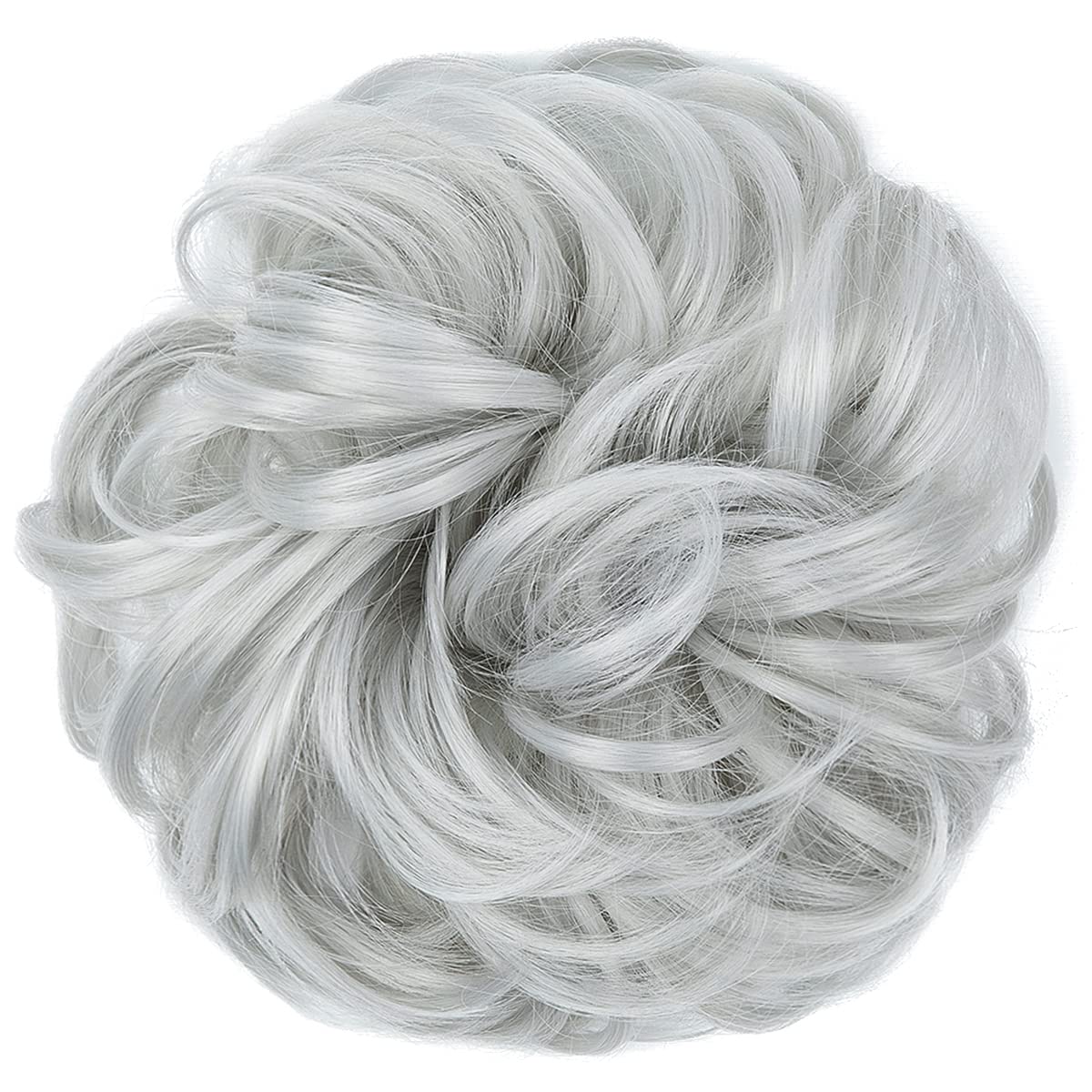 CJL HAIR Large Messy Bun Hair Piece Wavy Curly Scrunchies Synthetic Chignon Ponytail Hair Extensions Thick Updo Hairpieces for Women (Light Silver Grey)