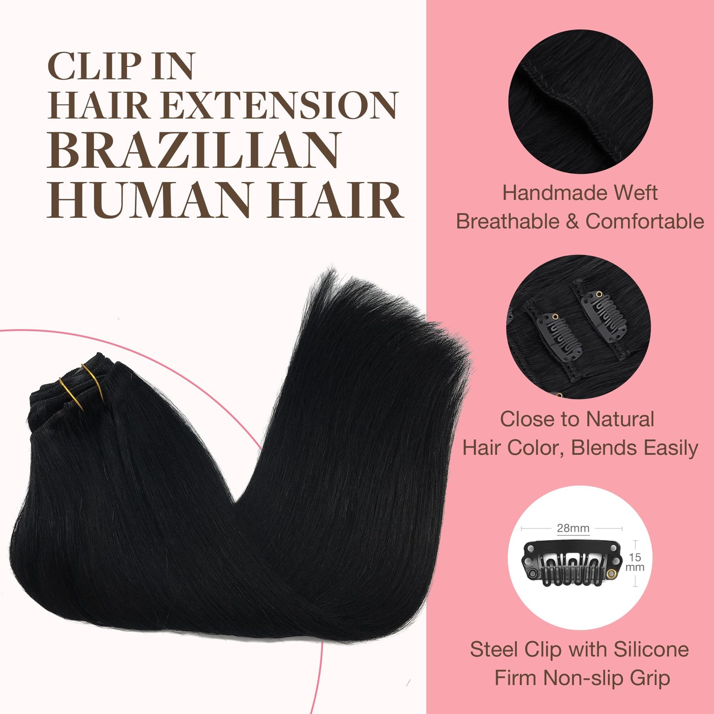 GOO GOO Clip in Hair Extensions Real Human Hair, Remy Human Hair Extensions Clip ins for Women, Natural Human Hair, 14inch 120g 7Pcs, 1 Jet black