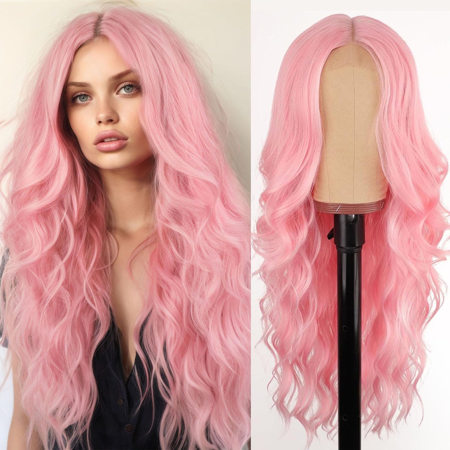 AISI HAIR Pink Wig for Women, Long Wavy Lace Hairline Middle Part Synthetic Wig for Daily Party-26 Inch